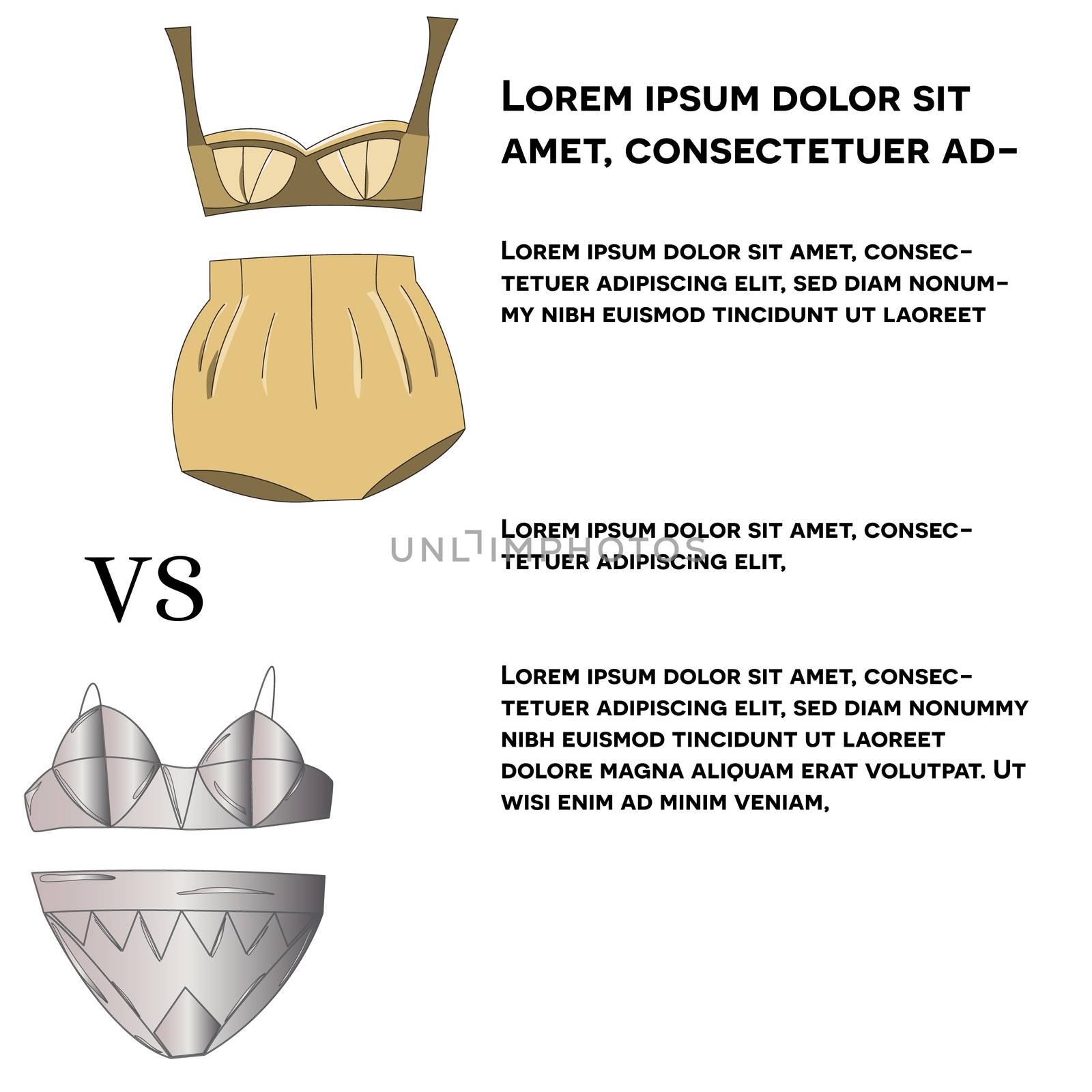 Lingerie collection blog post. Lace underwear set vs cotton set isolated on white background. Vector illustration.