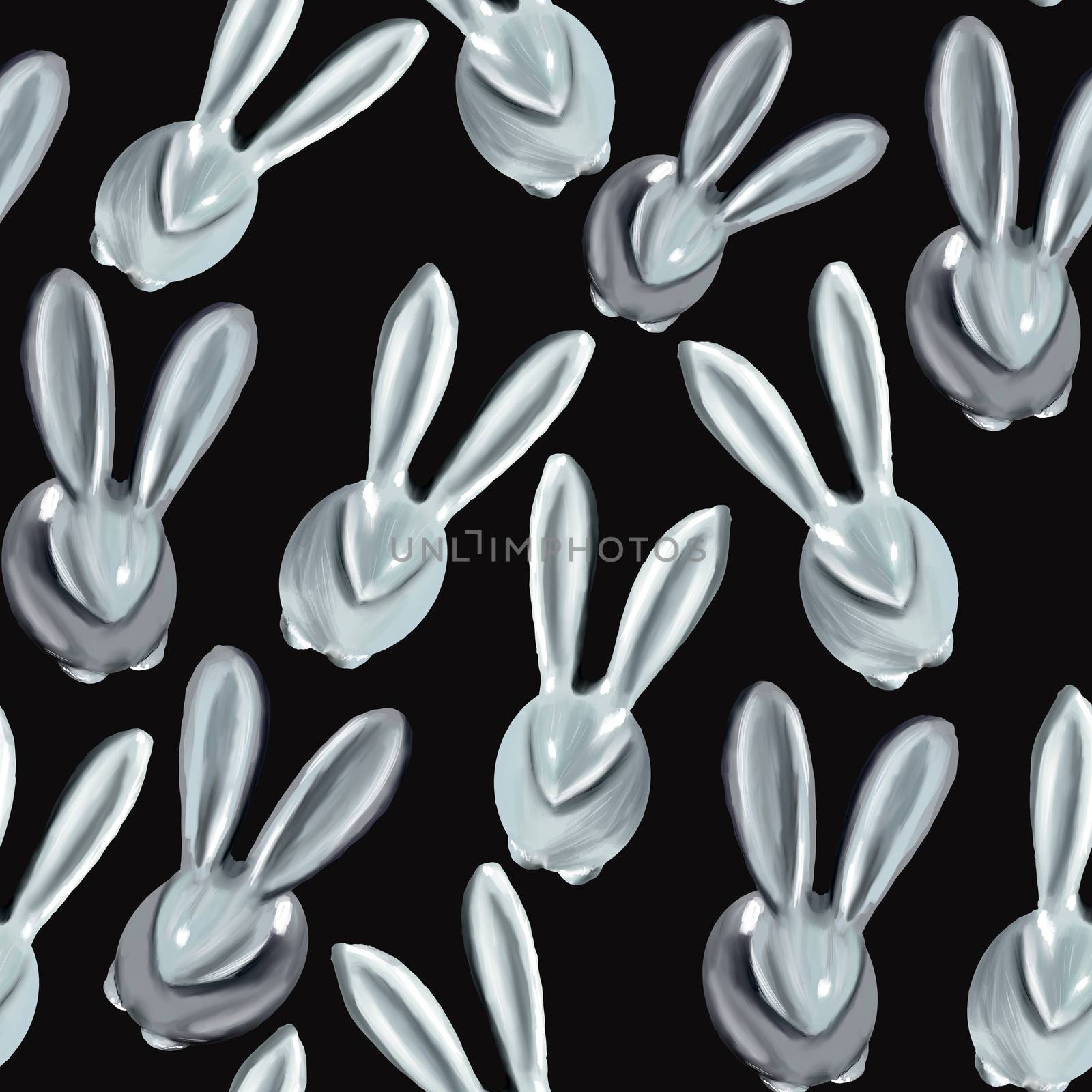 Ceramic easter bunny repeat pattern on black background. Seamless design illustration for festive postcards, banners, textile, background, wallpaper.