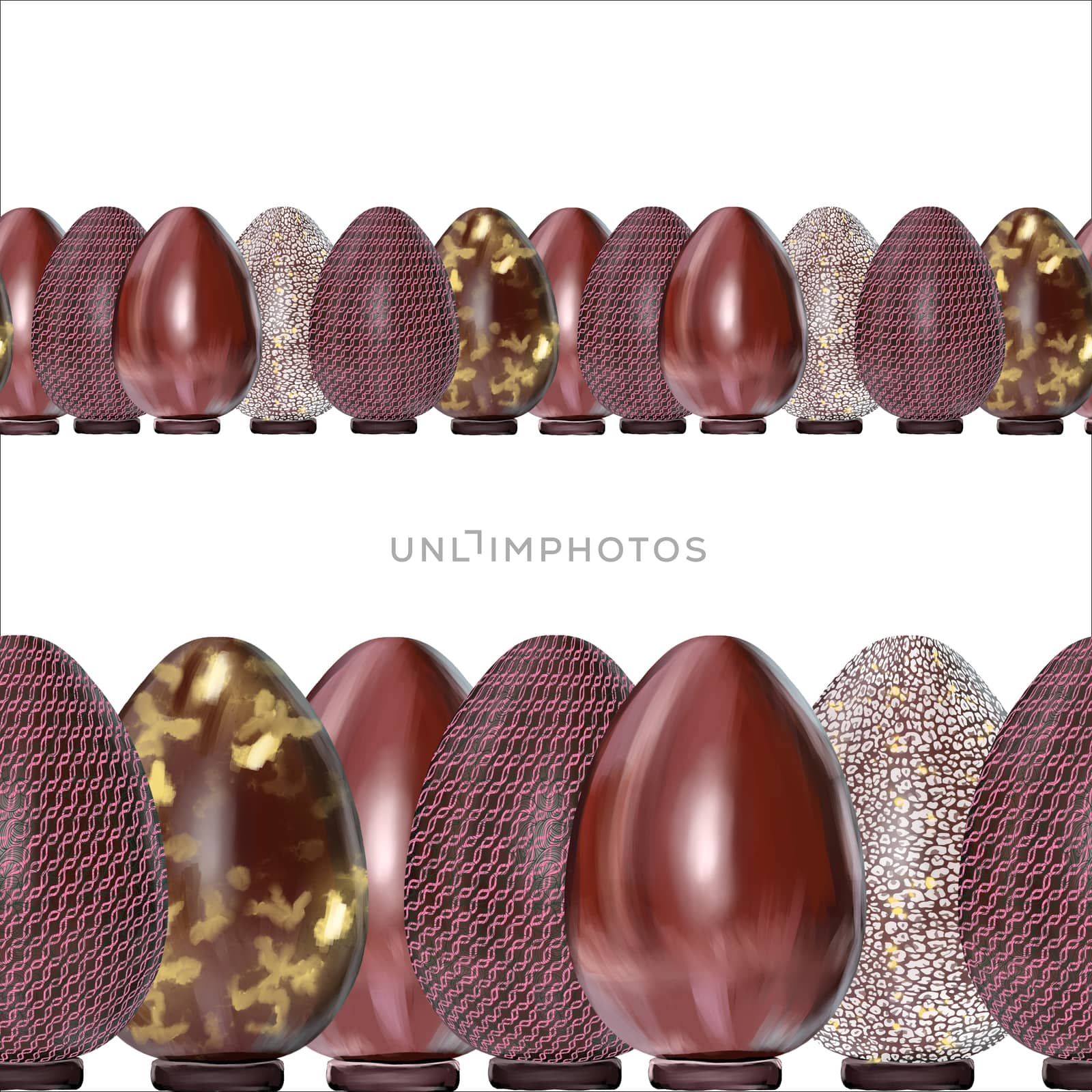 Easter chocolate eggs repeat horisontal border on white background. Seamless design illustration for festive postcards, banners, textile, background, wallpaper.