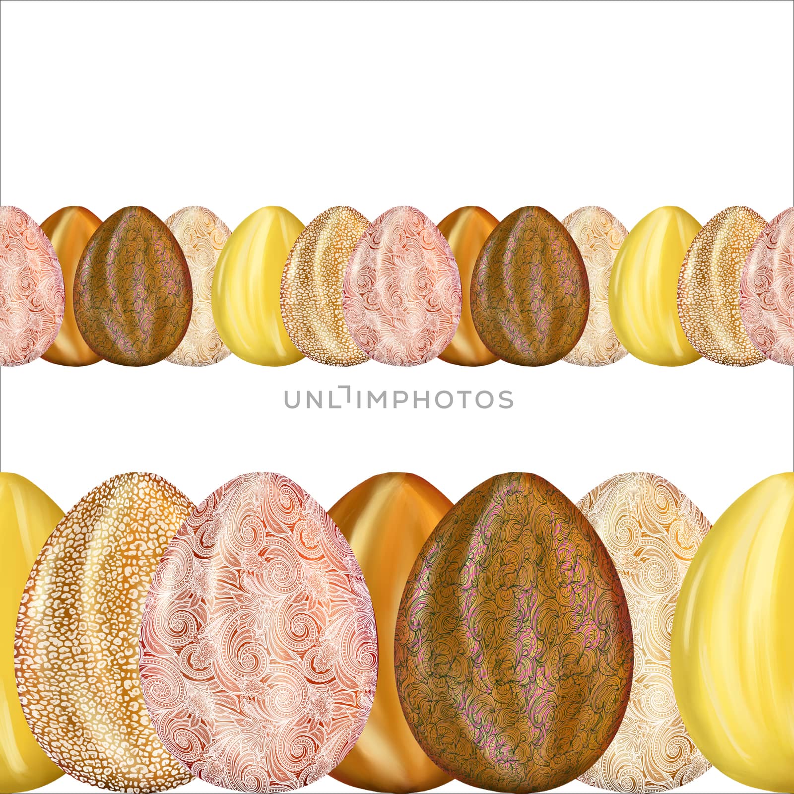 Easter eggs repeat horisontal border on white background. Seamless design illustration for festive postcards, banners, textile, background, wallpaper.