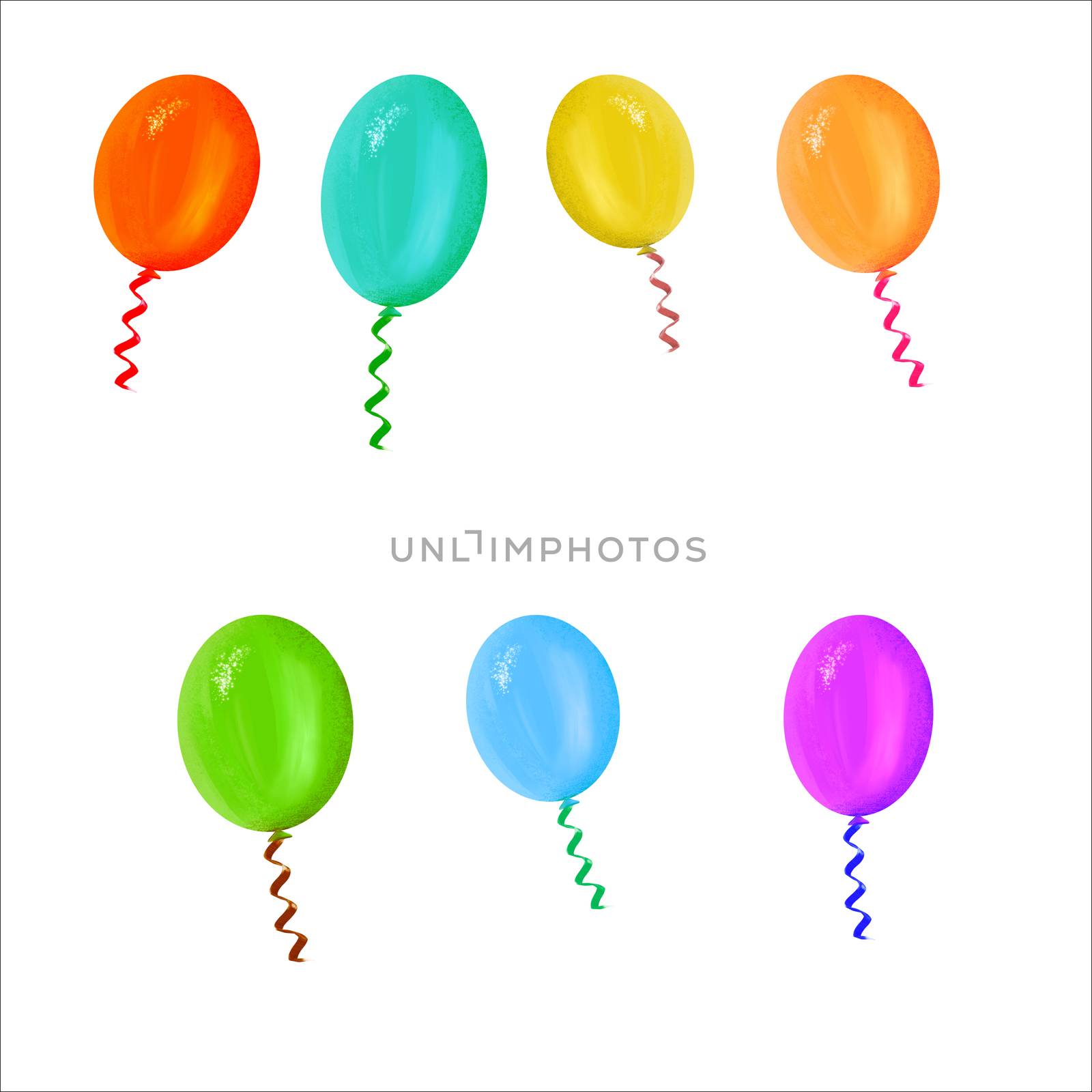 Festive colourful balloons collection isolated on white background. Design illustration for festive postcards, banners, textile, background, wallpaper.