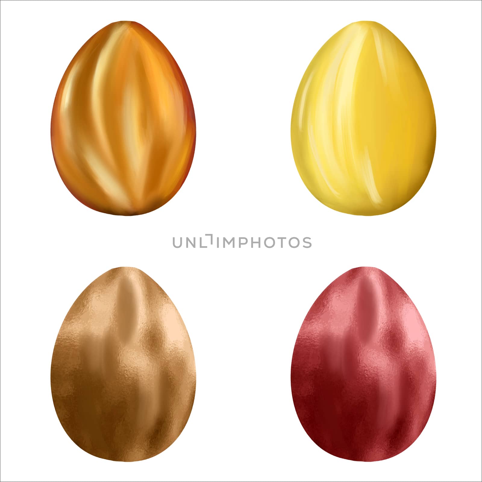 Chocolate eggs set isolated on white background. Illustration for festive postcards, banners, textile, background, wallpaper.