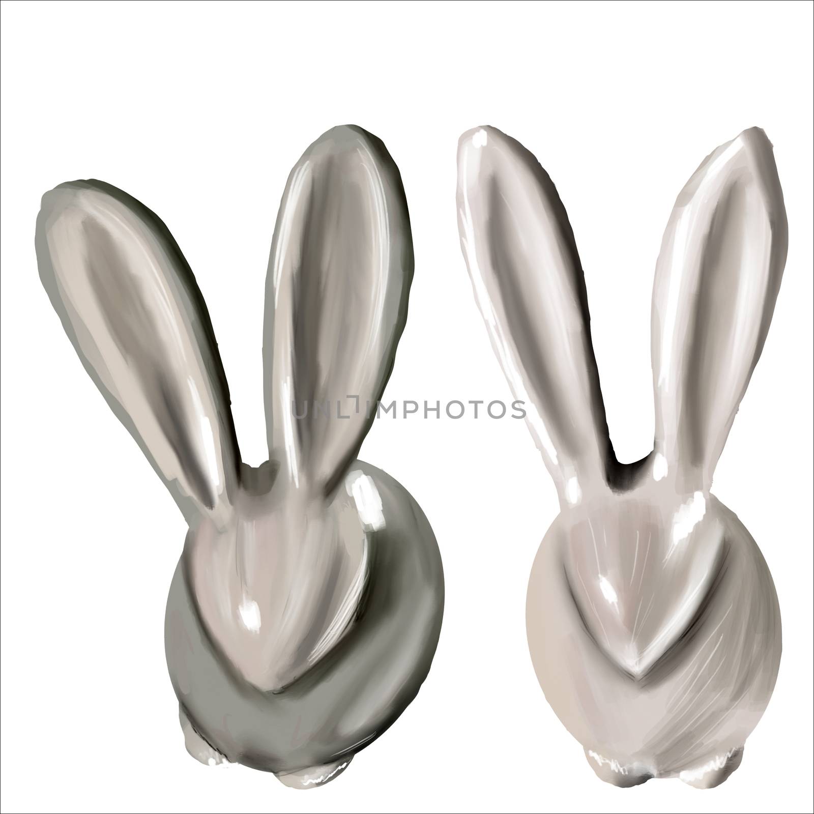 Two ceramic easter bunnies isolated on white background. Illustration for festive postcards, banners, textile, background, wallpaper.