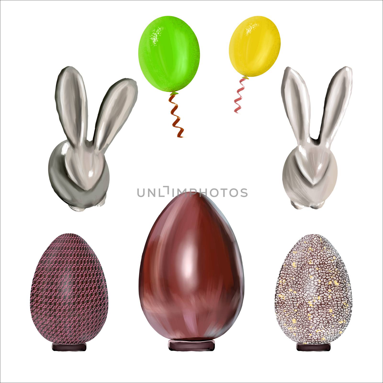 Ceramic easter bunny, balloons and Easter eggs set isolated on white background. by Nata_Prando
