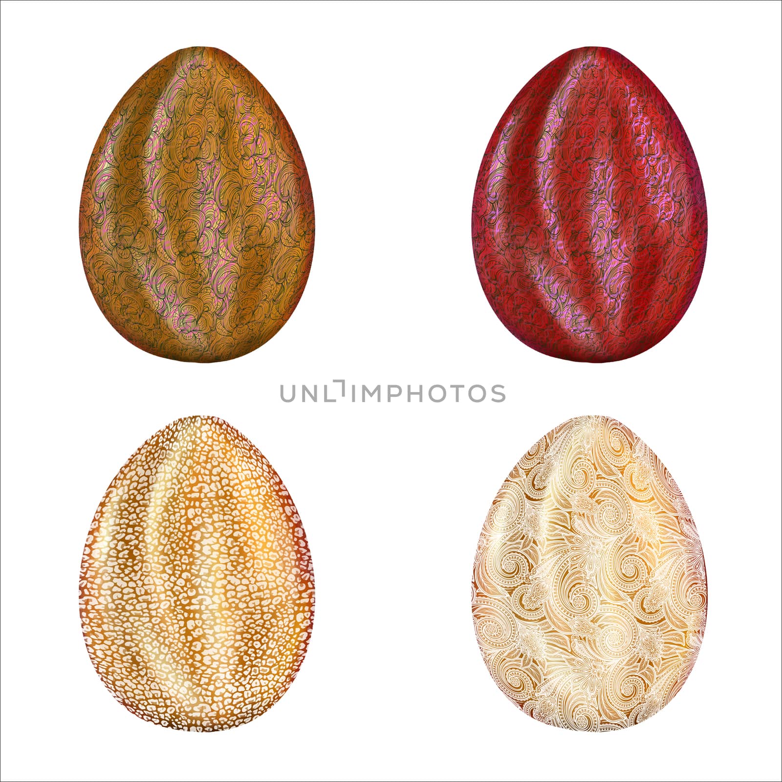 Creative Easter chocolate eggs set isolated on white background. Illustration for festive postcards, banners, textile, background, wallpaper.
