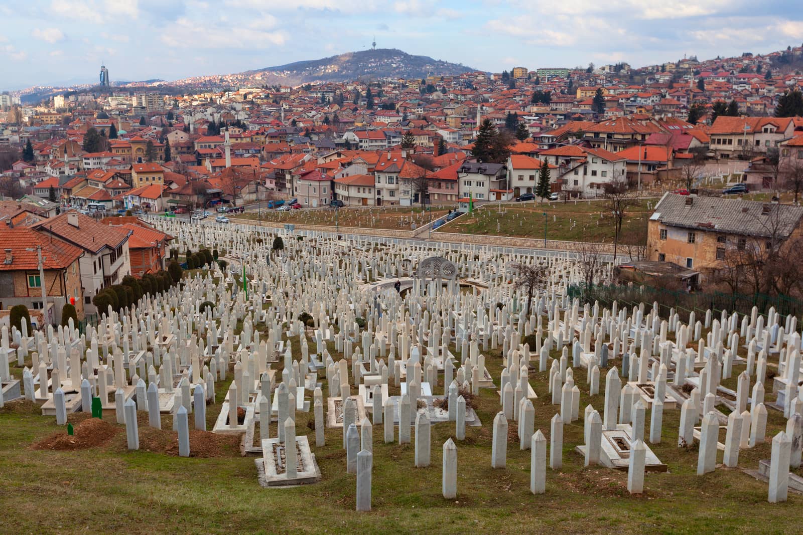 Sarajevo, Bosnia and Herzegovina - 27 February 2019: Multiple gravestones at shaid cemetery at Kovaci, Sarajevo, Bosnia and Herzegovina