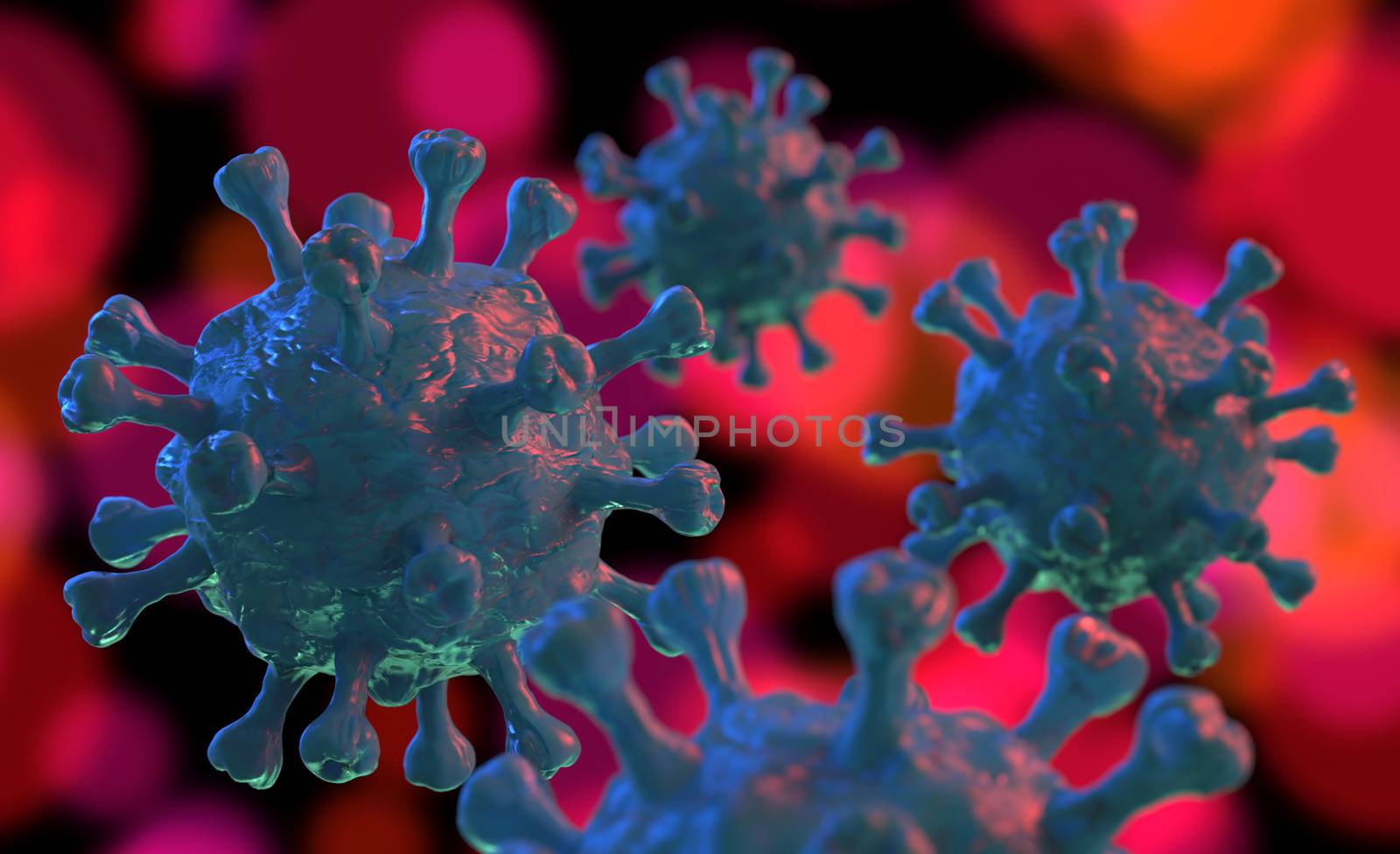 Coronavirus 2019-ncov flu particle infection. Virus particles floating. 3D Rendering.