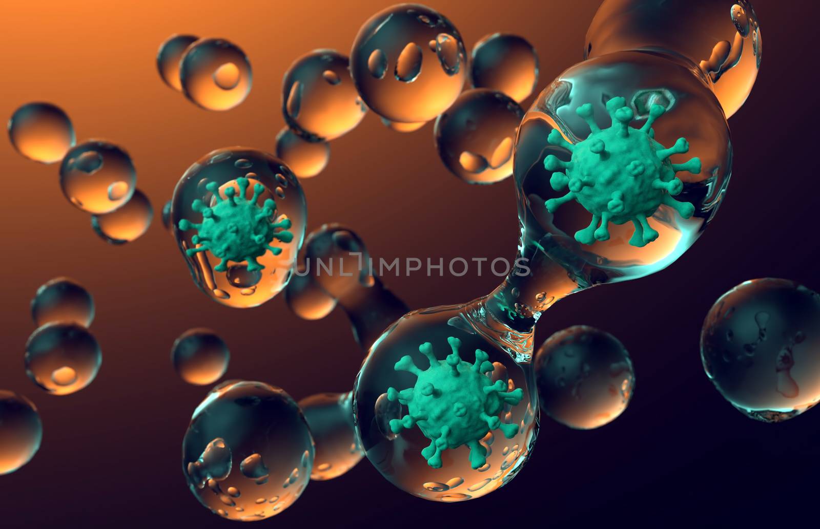 The coronavirus is spread by droplet infection. 3d render close-up.