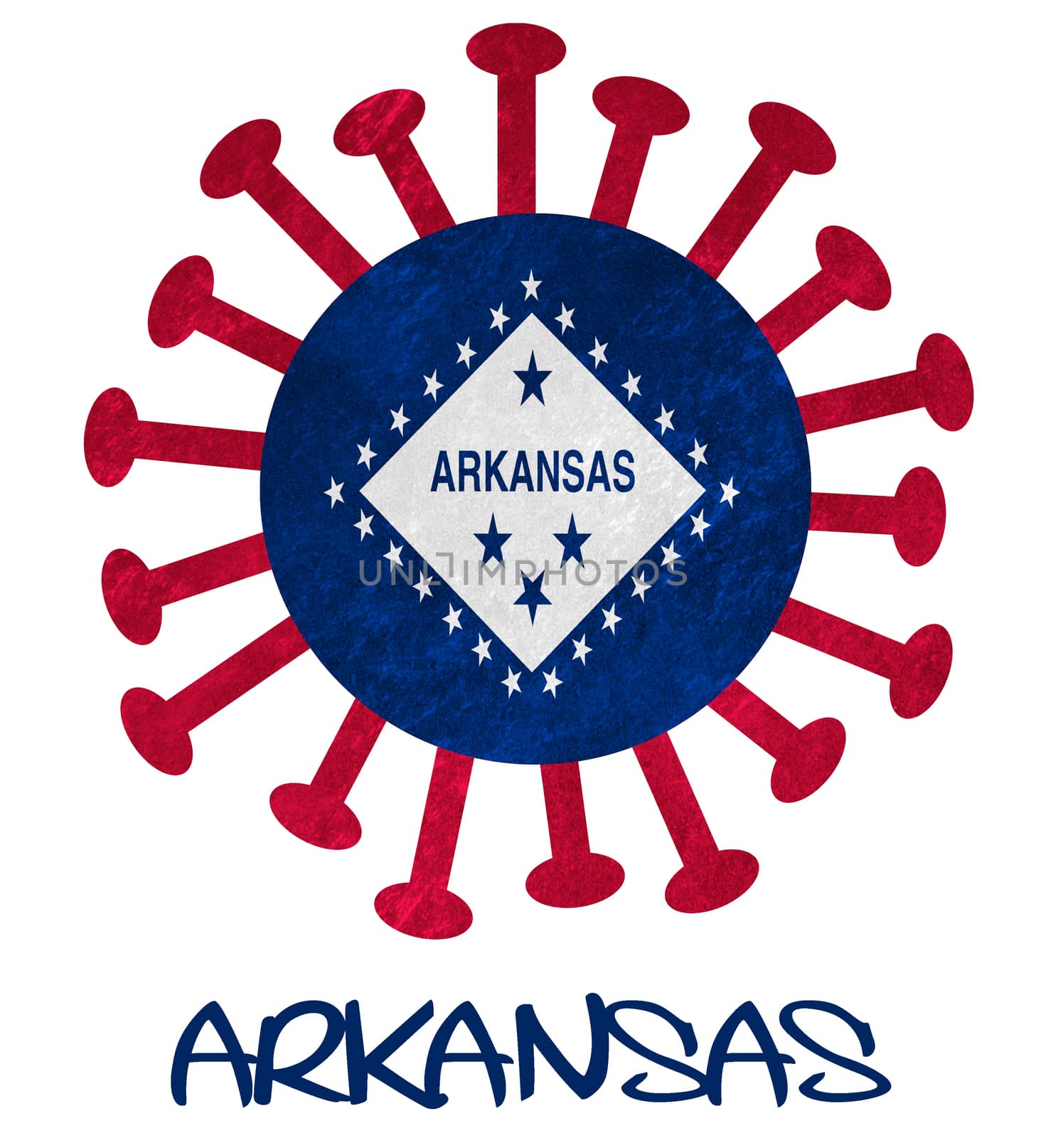 State flag of Arkansas with corona virus or bacteria by michaklootwijk