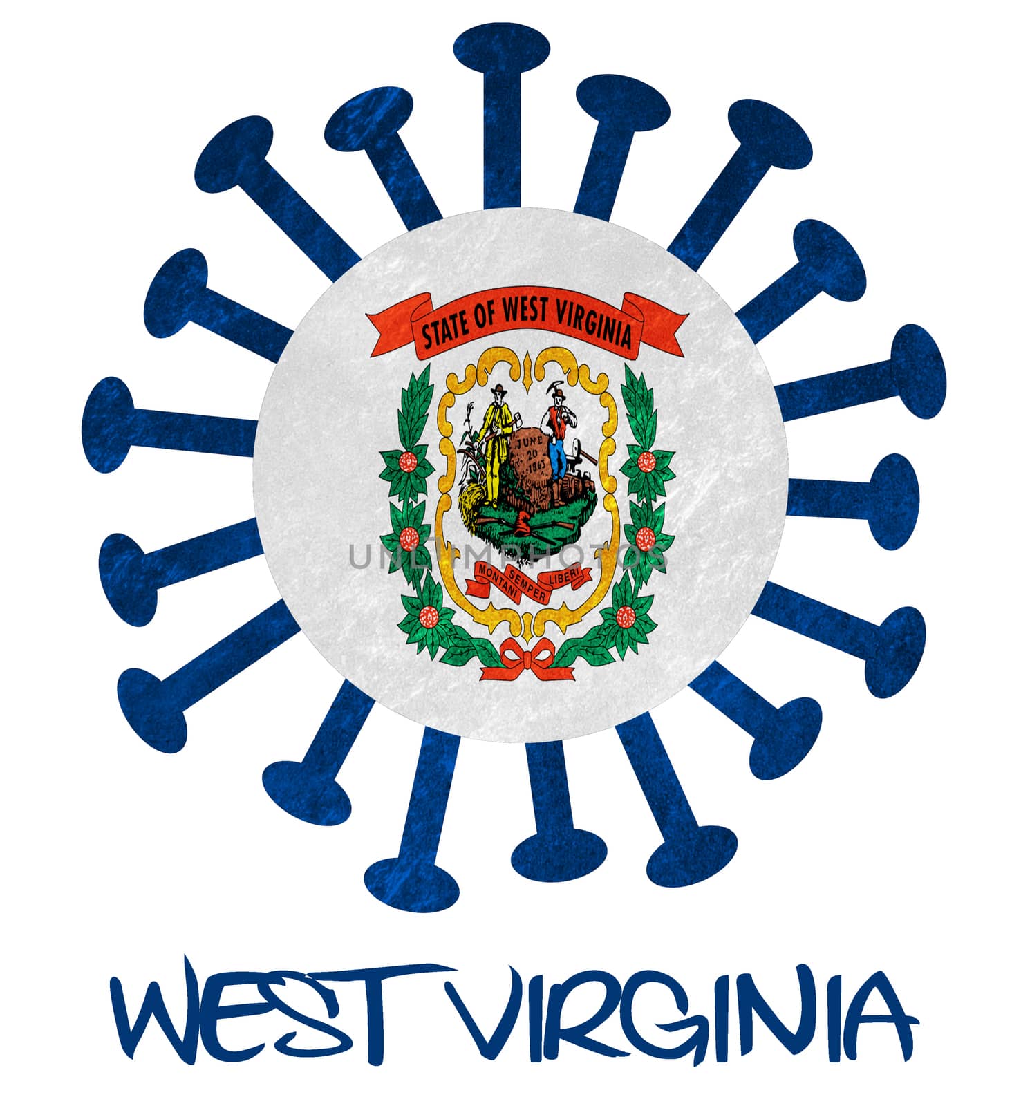 State flag of West Virginia with corona virus or bacteria by michaklootwijk
