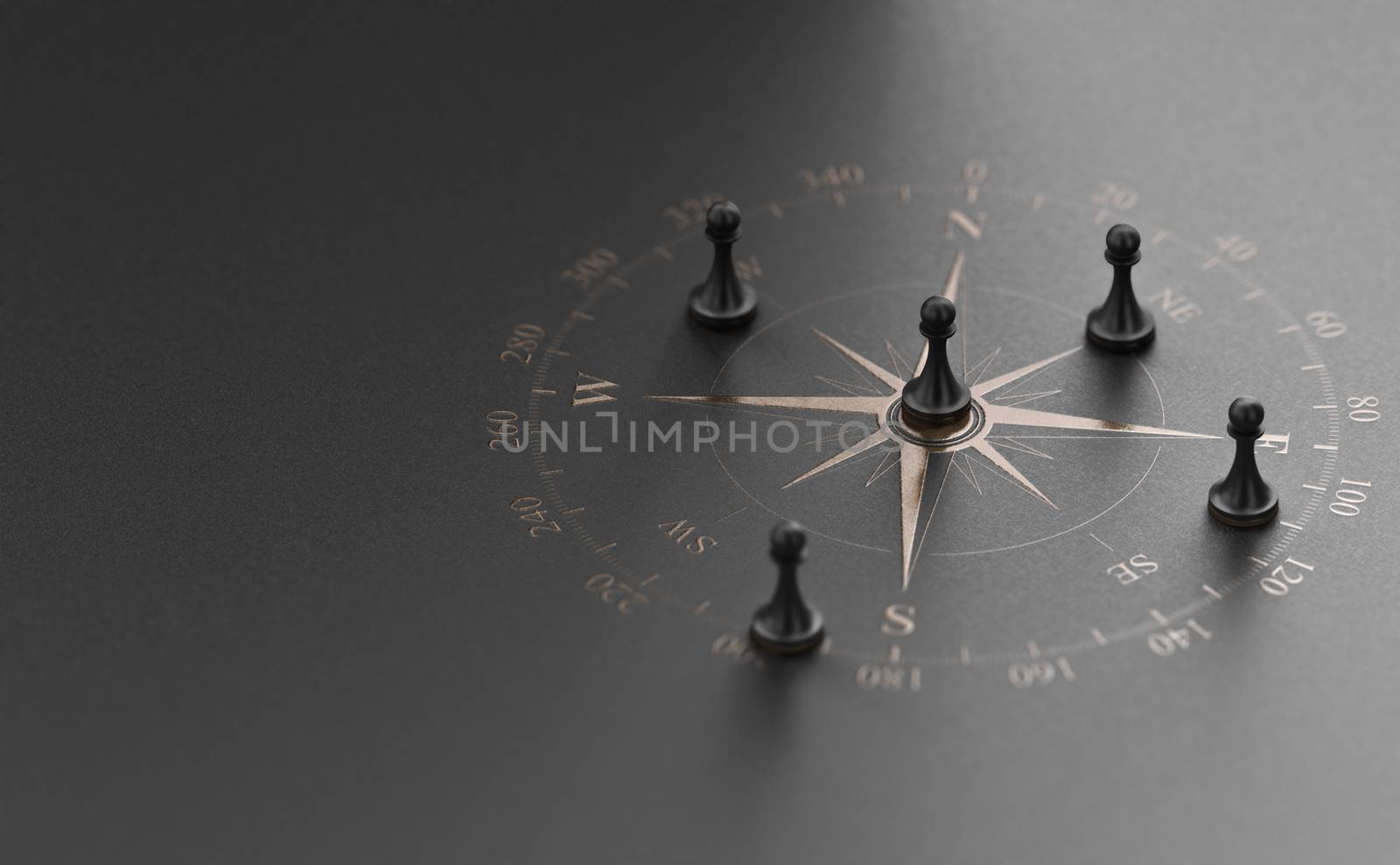 Golden compass rose over black background with five pawns. Business advice  or strategic marketing  concept. 3D illustration.