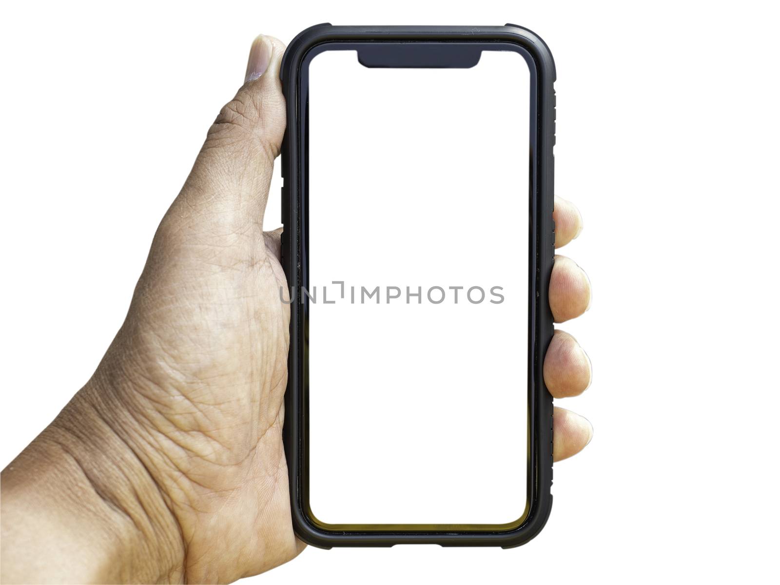 Isolate an old smartphone with a protective case held in the right hand of a man about 50 years old in a white background with a clipping path. by panyajampatong