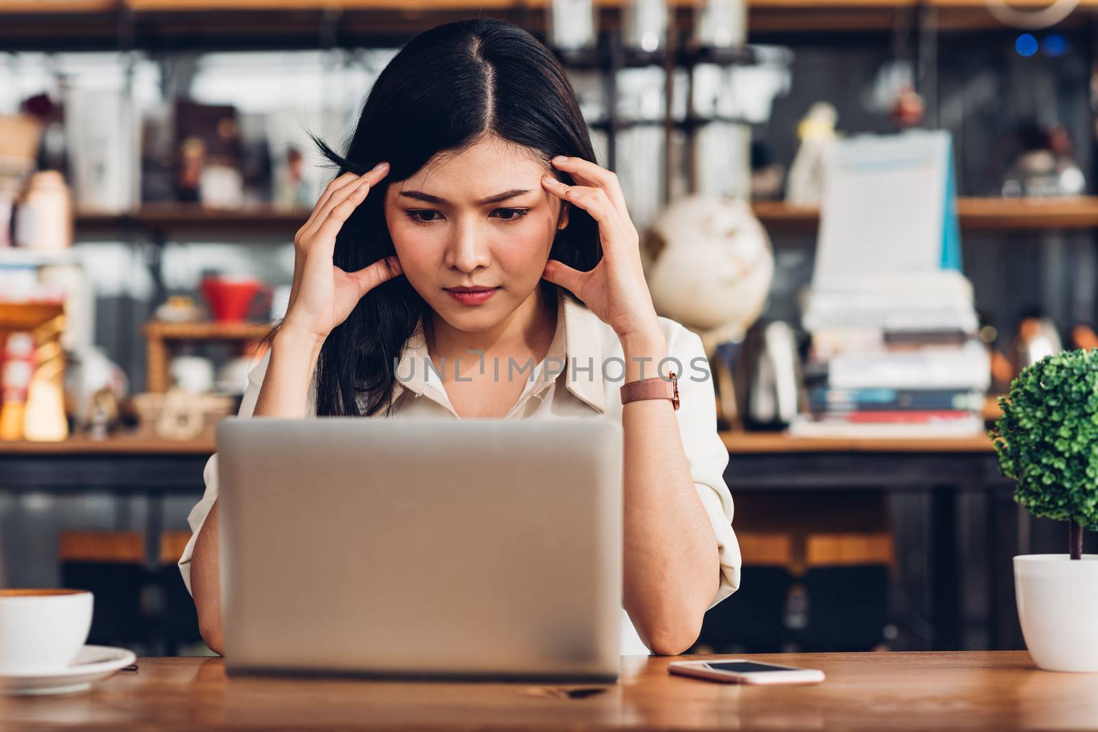 Freelance business woman working with laptop computer he was stressed out with job failing bankruptcy in coffee shop