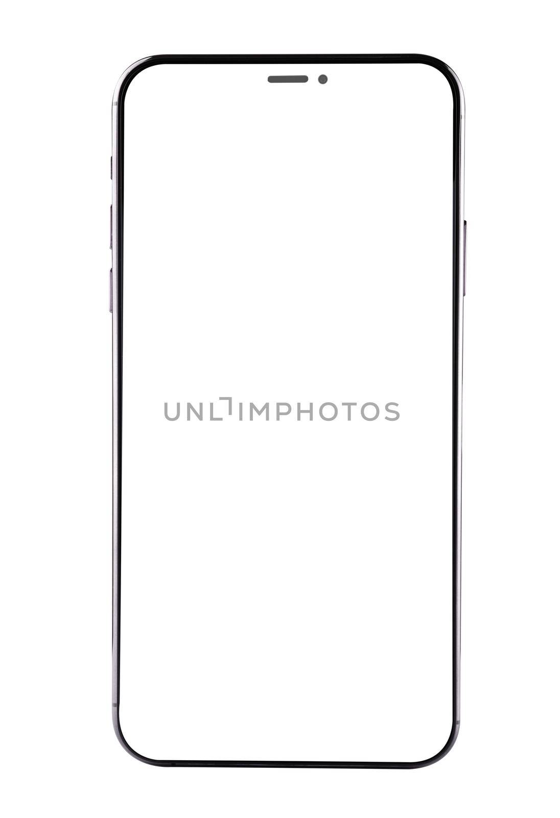 Closeup modern digital black Smartphone mobile mock up blank front screen isolated on white background, no clipping path