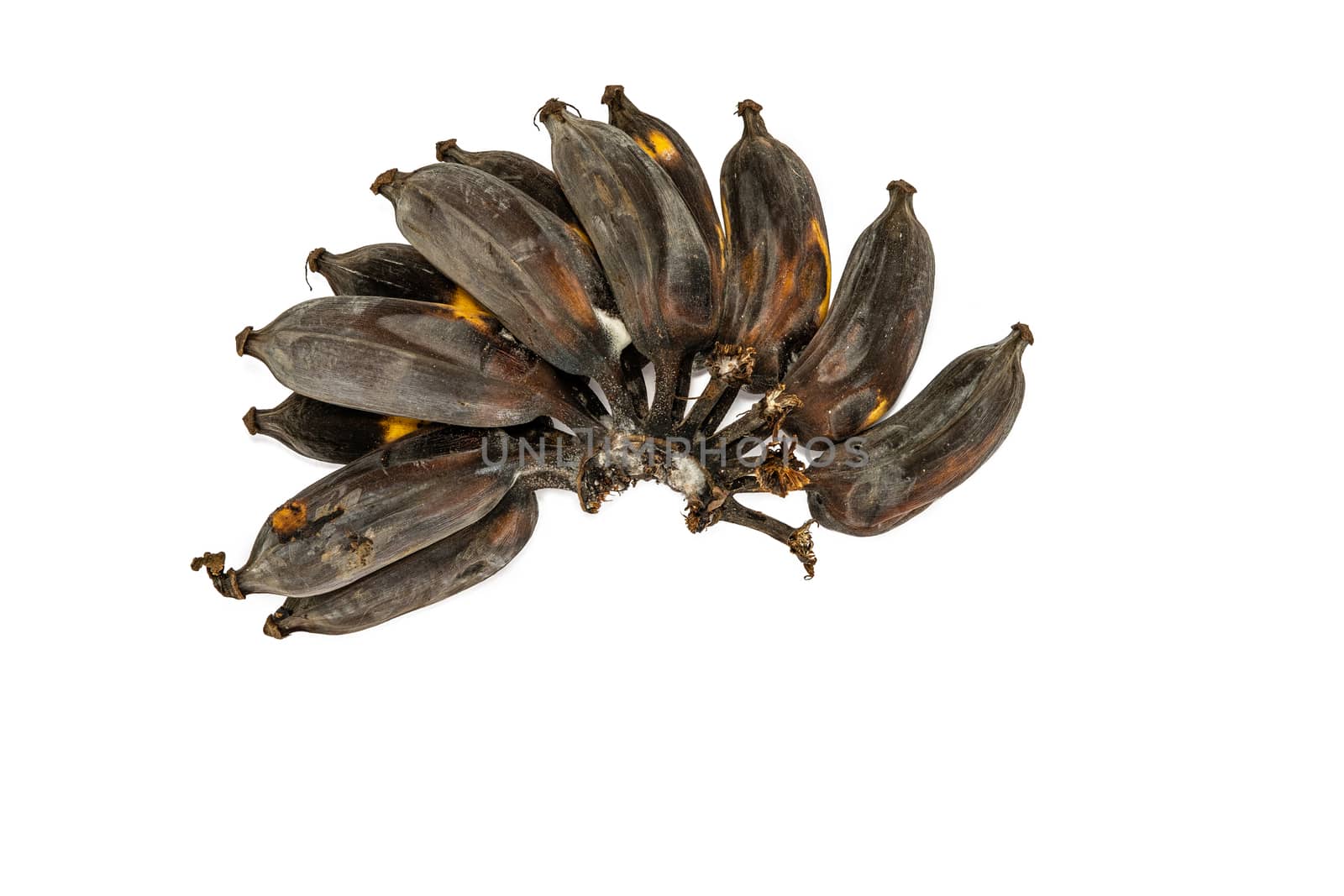 Ripe bananas on a white background Yellow and black banana peel. by peerapixs