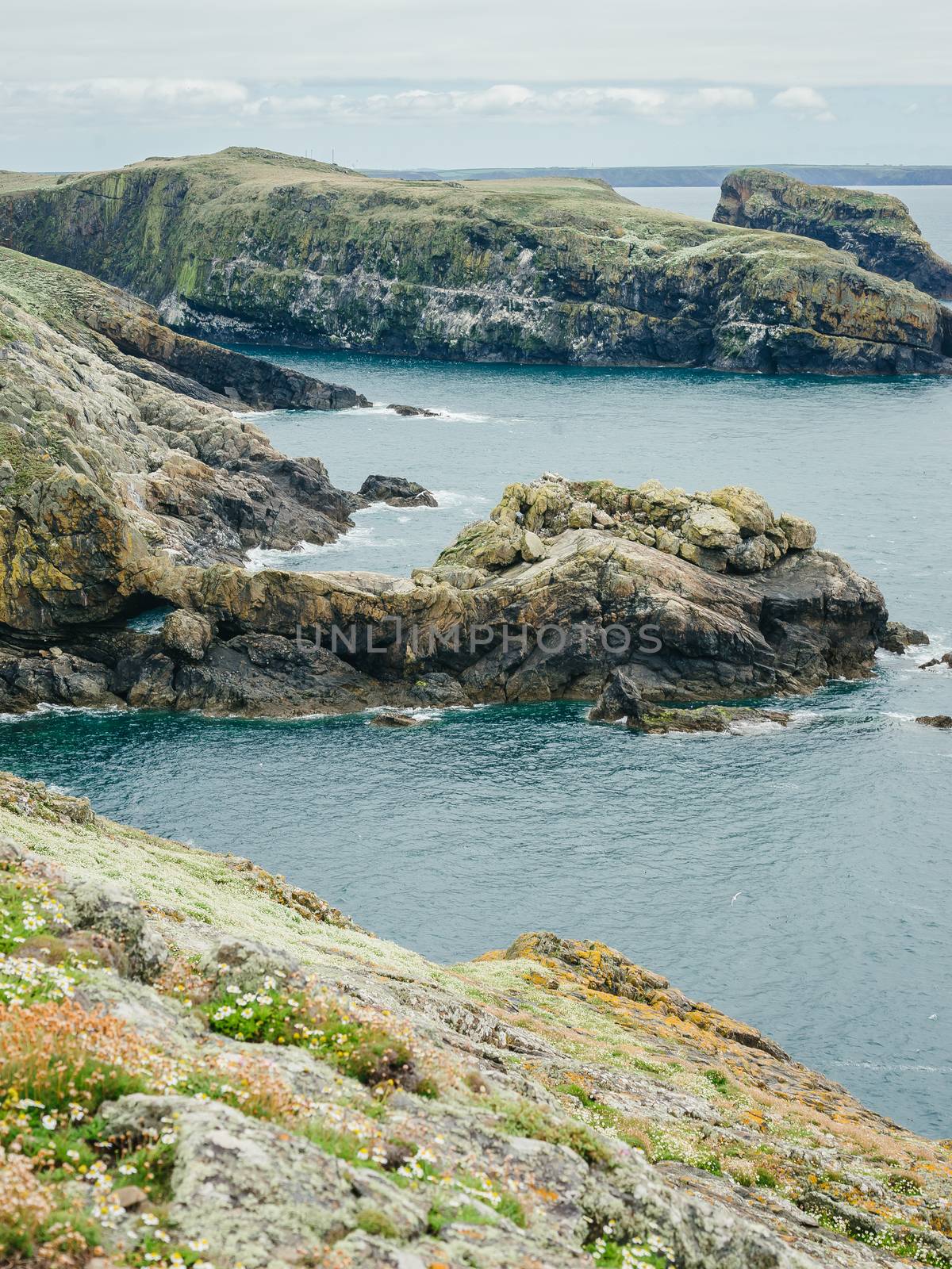 Stunning view over the rocky coastline of Skomer Island marine nature reserve on a sunny summer day - Pembrokeshire West Wales United Kingdom.