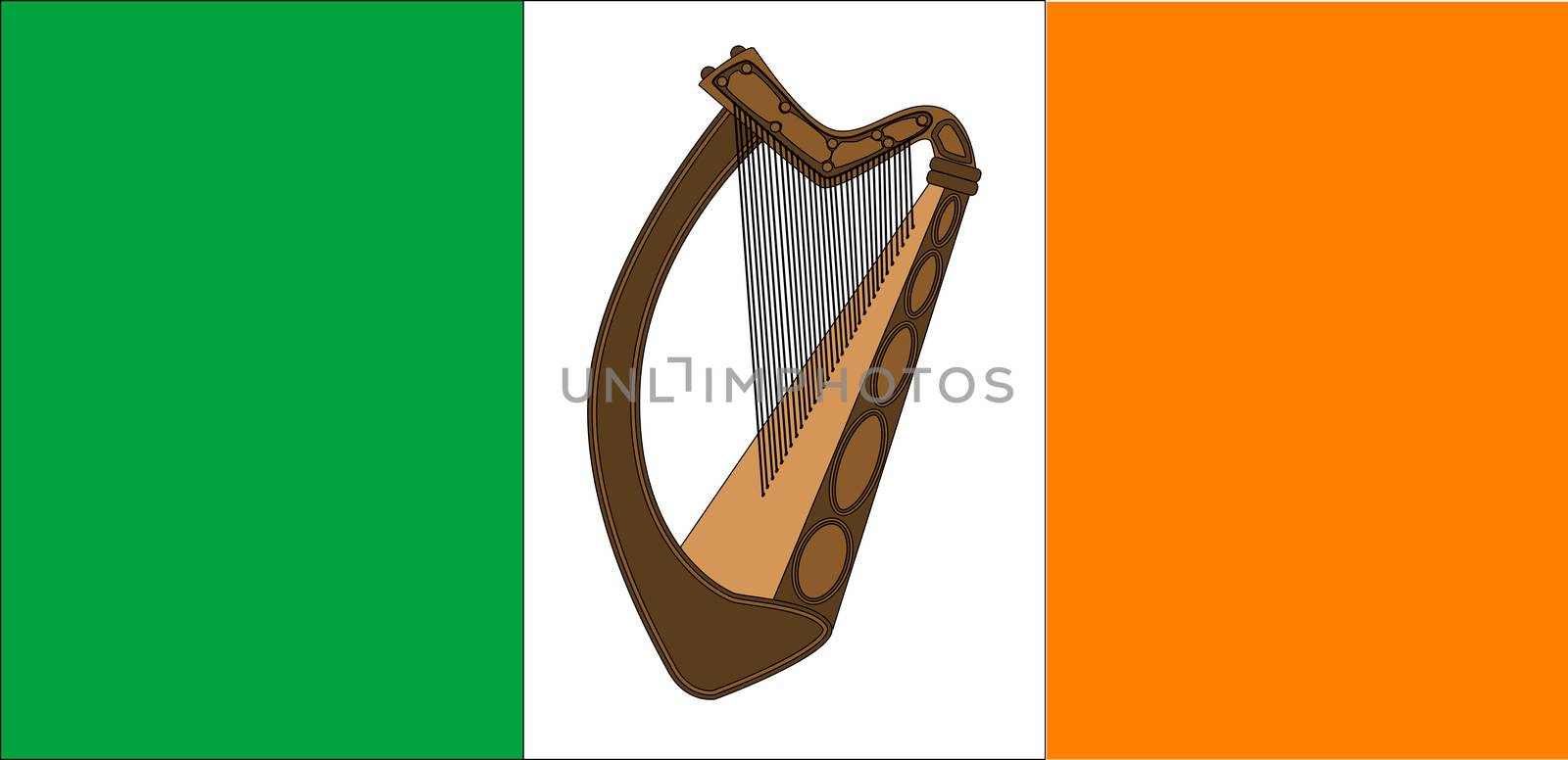 The Flag of Ireland with an added Irish harp in the centre