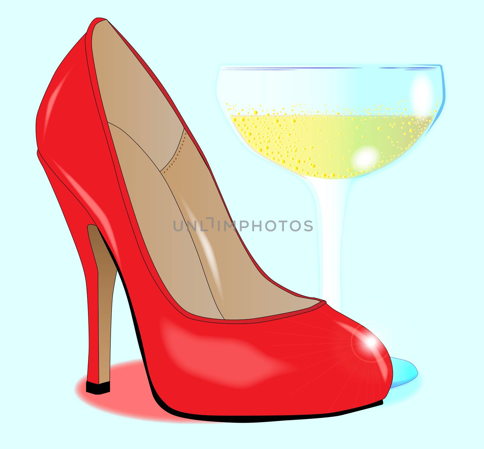 A red stiletto heal show by a glass of champagne.