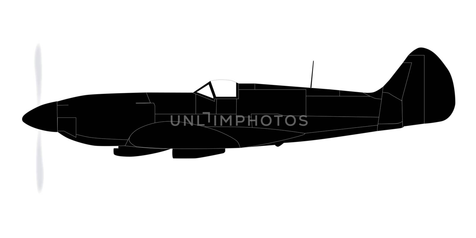 A Supermarine World War II Spitfire Mark XIV fighter plane in silhouette