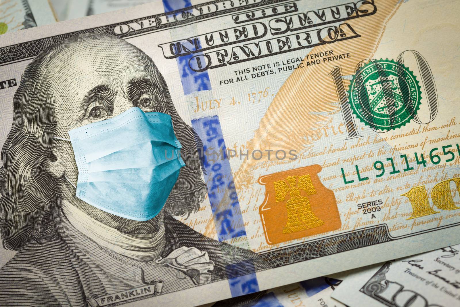 Benjamin Franklin With Worried and Concerned Expression Wearing Medical Face Mask On One Hundred Dollar Bill. by Feverpitched