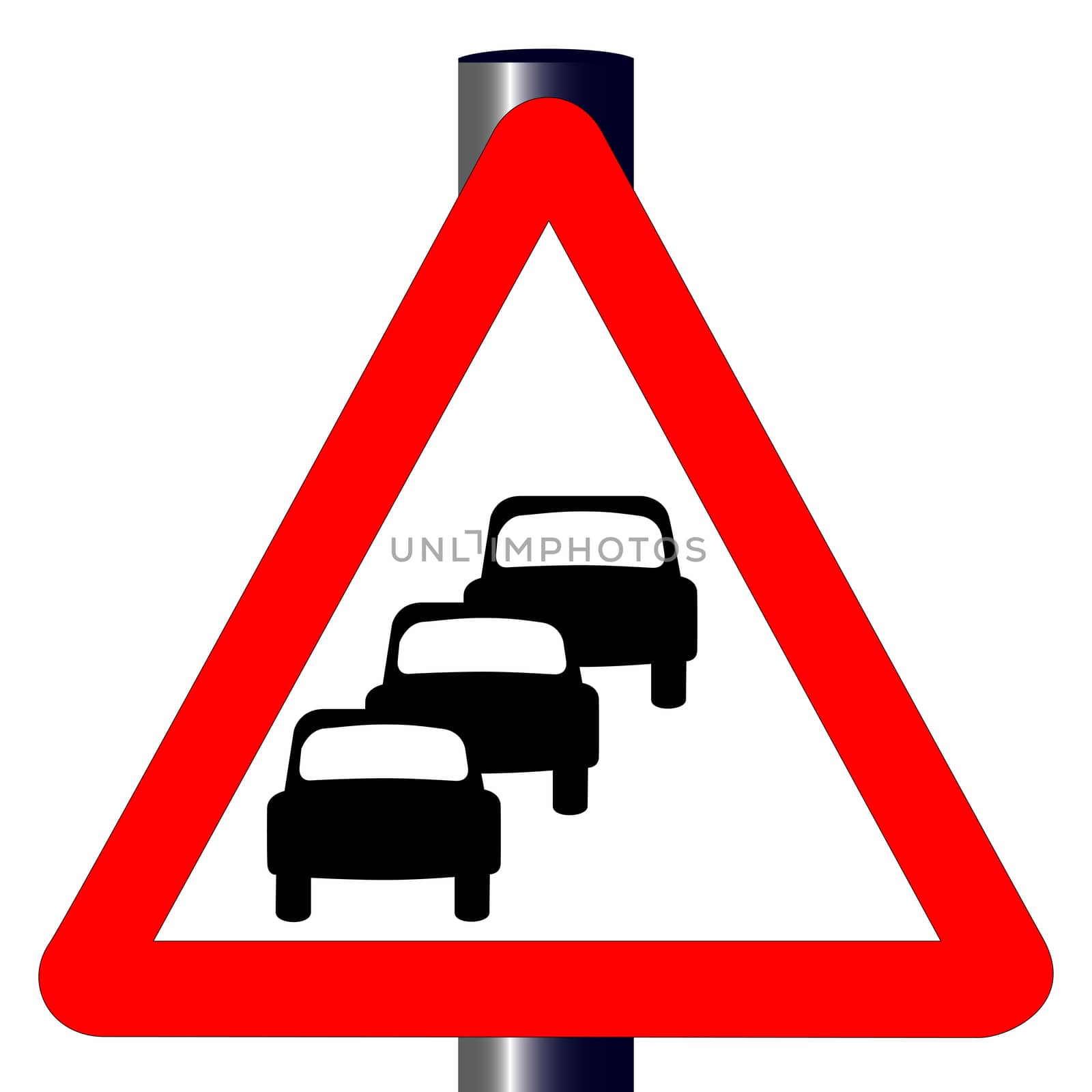 The traditional 'QUEUING' triangle, traffic sign isolated on a white background..