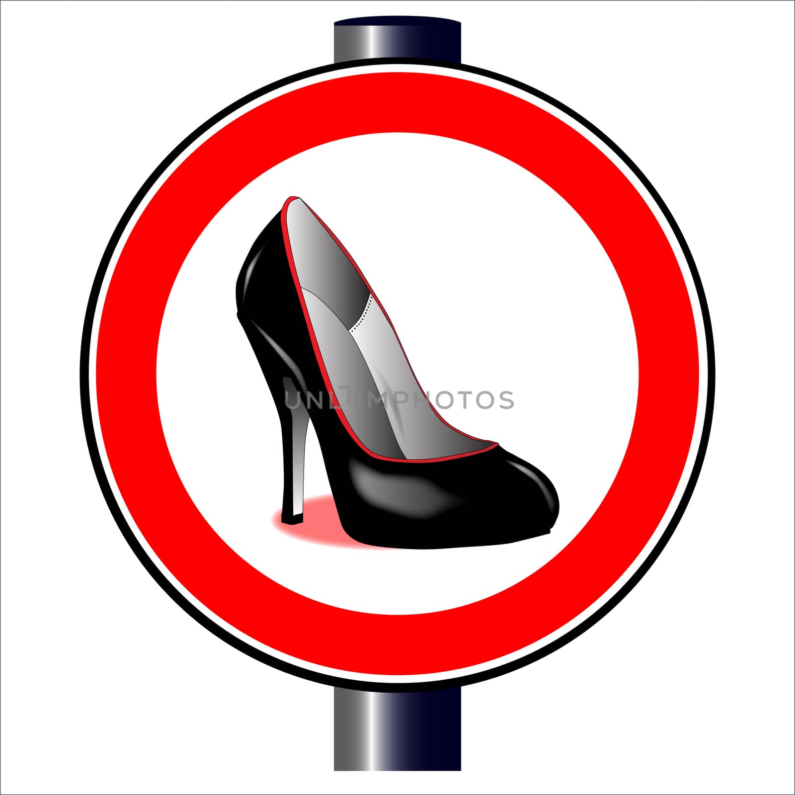 A large round red traffic displaying a stiletto heal shoe