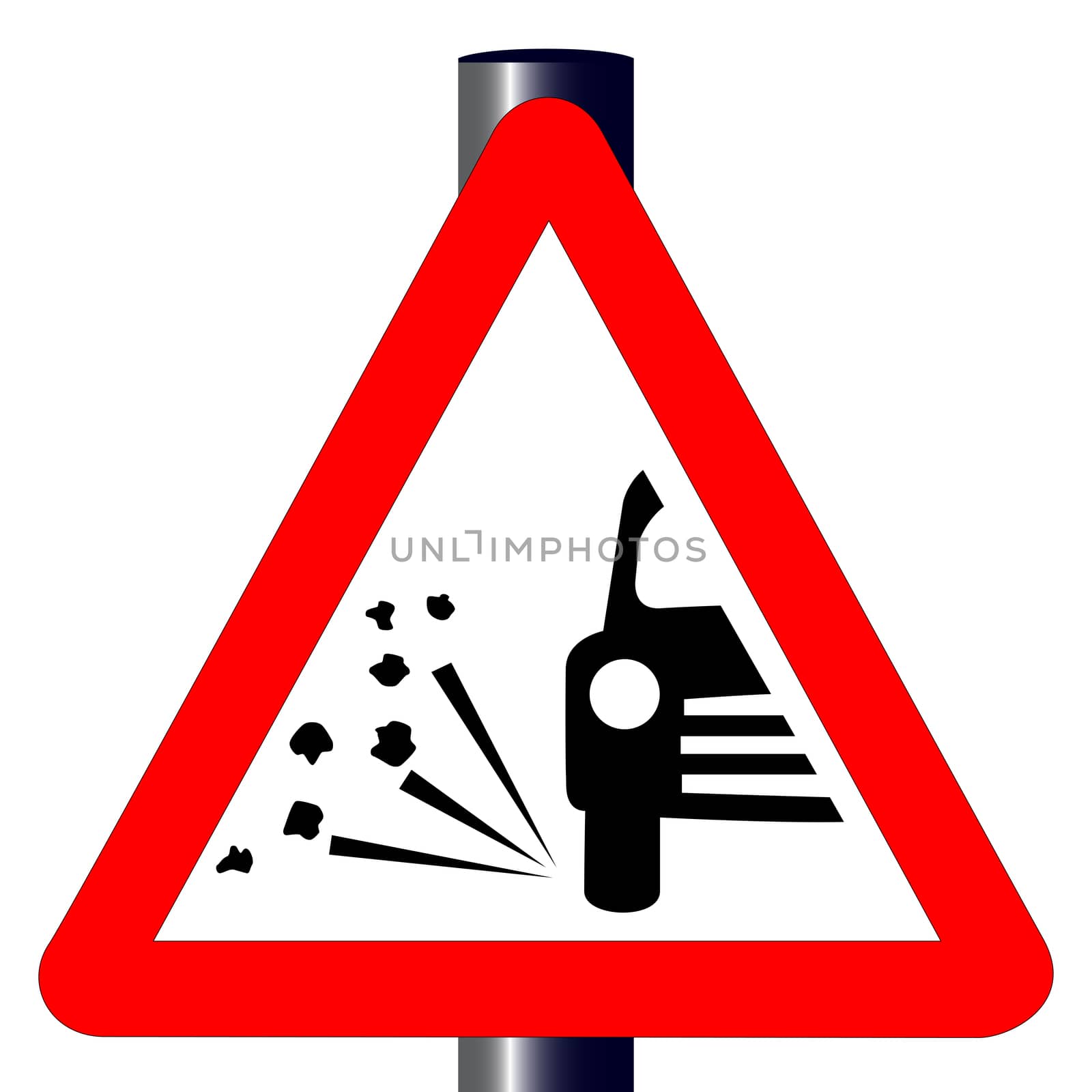 The traditional 'STONE CHIPPING WARNING' triangle, traffic sign isolated on a white background..