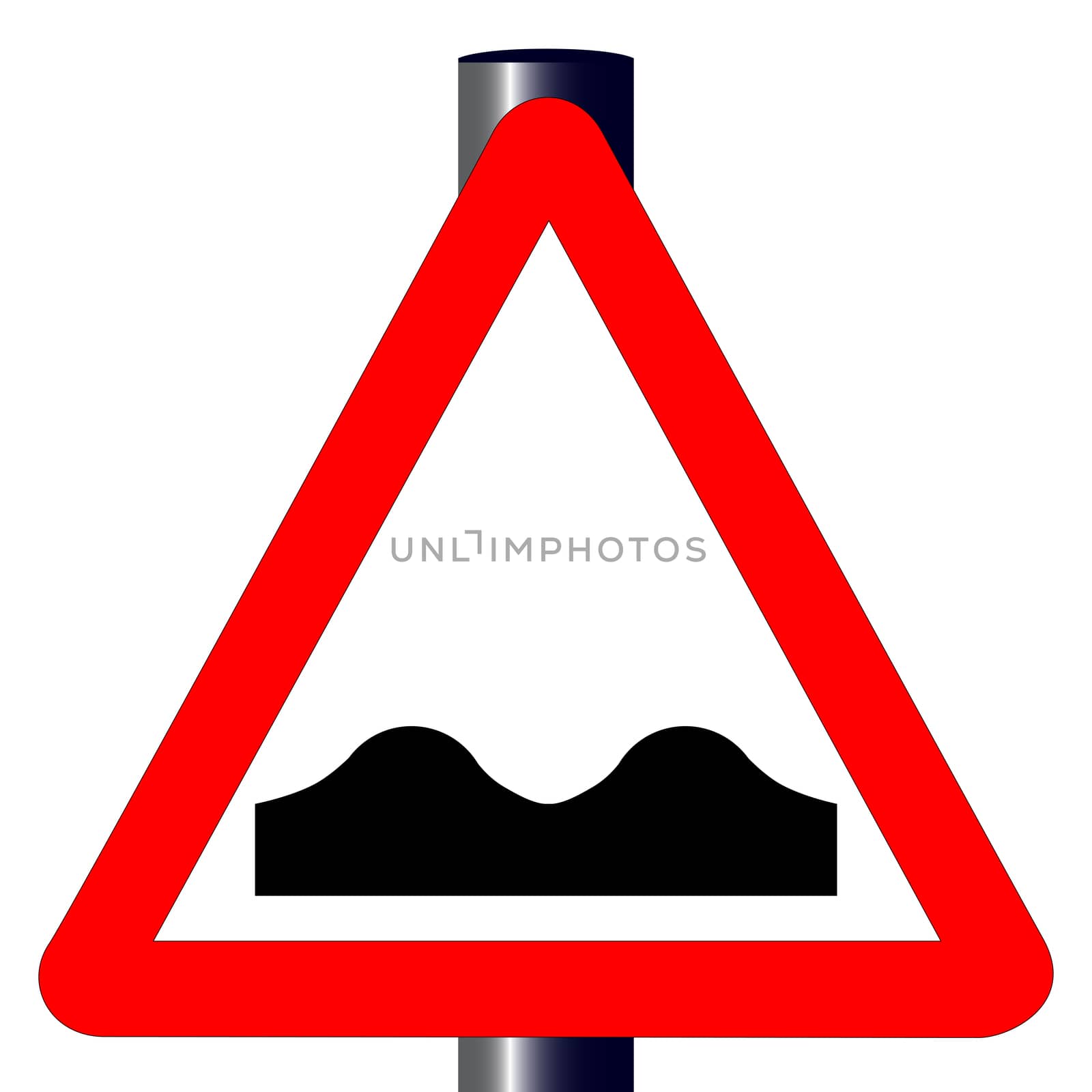 The traditional 'UNEVEN ROAD' triangle, traffic sign isolated on a white background..