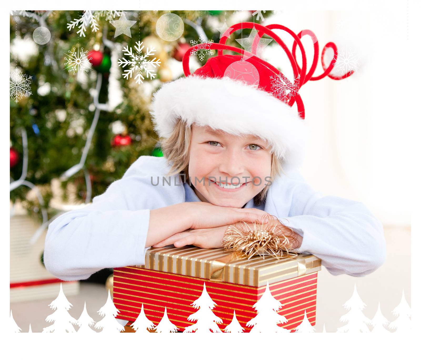 Composite image of adorable child celebrating christmas  against fir tree forest and snowflakes