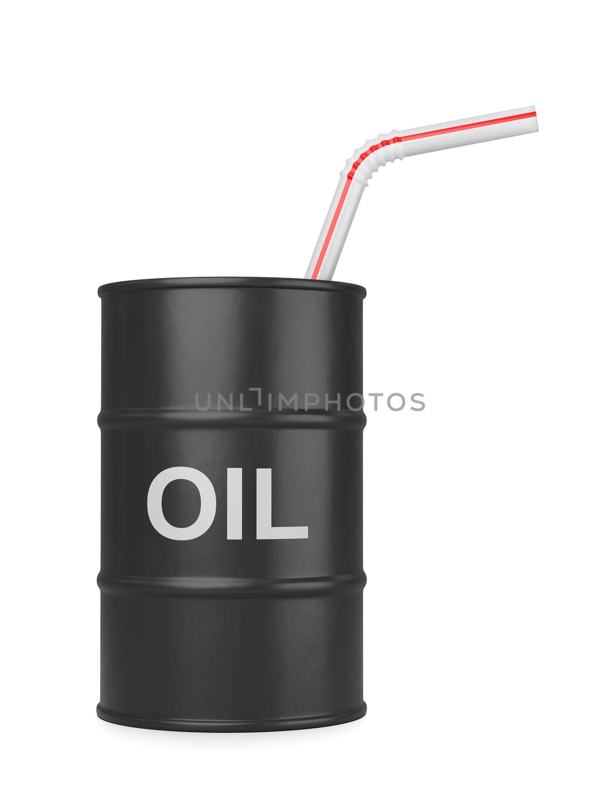 Black Oil Barrel with Drinking Straw Isolated on White Background 3D Illustration