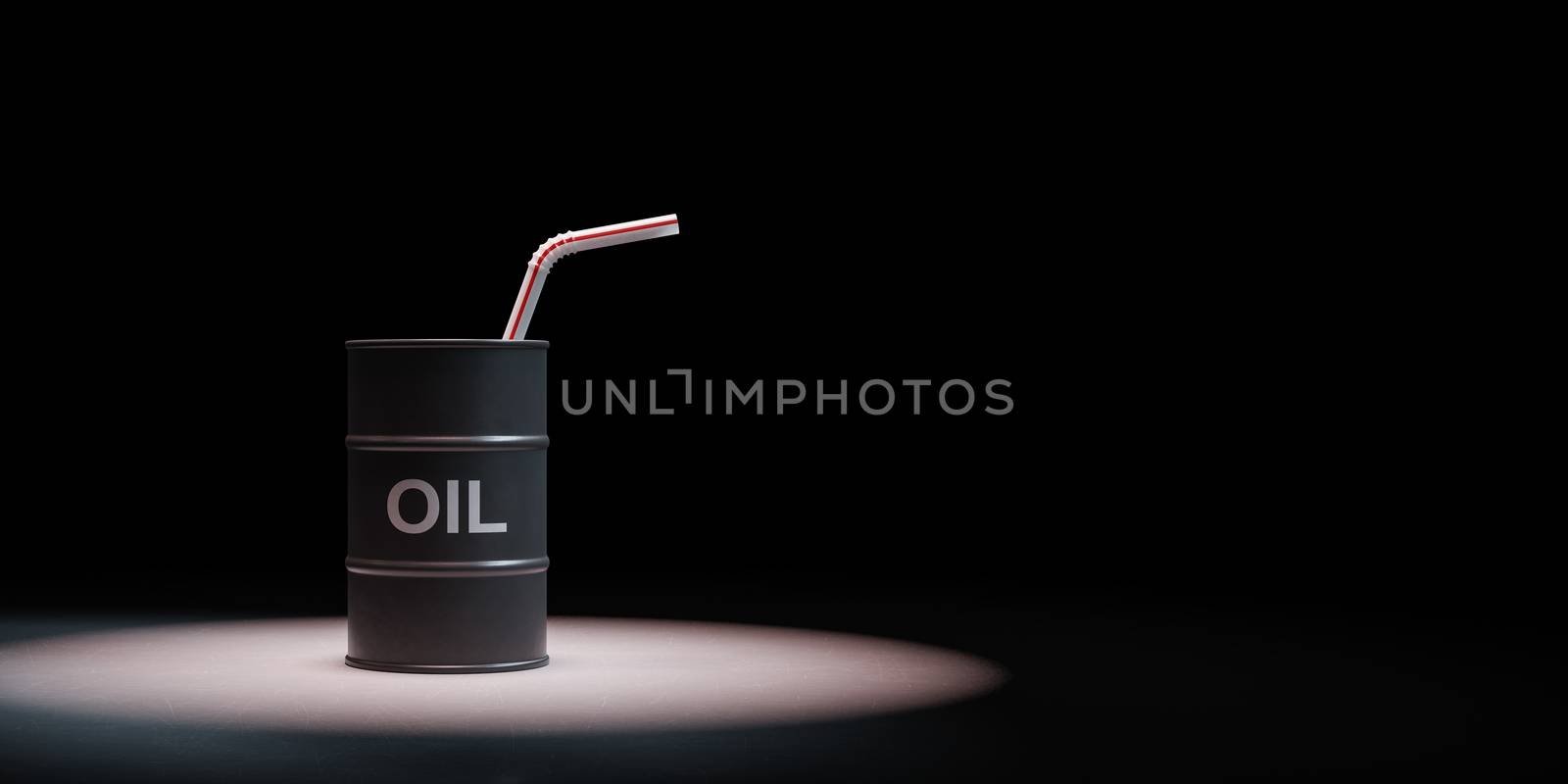Black Oil Barrel with Drinking Straw Spotlighted on Black Background with Copy Space 3D Illustration
