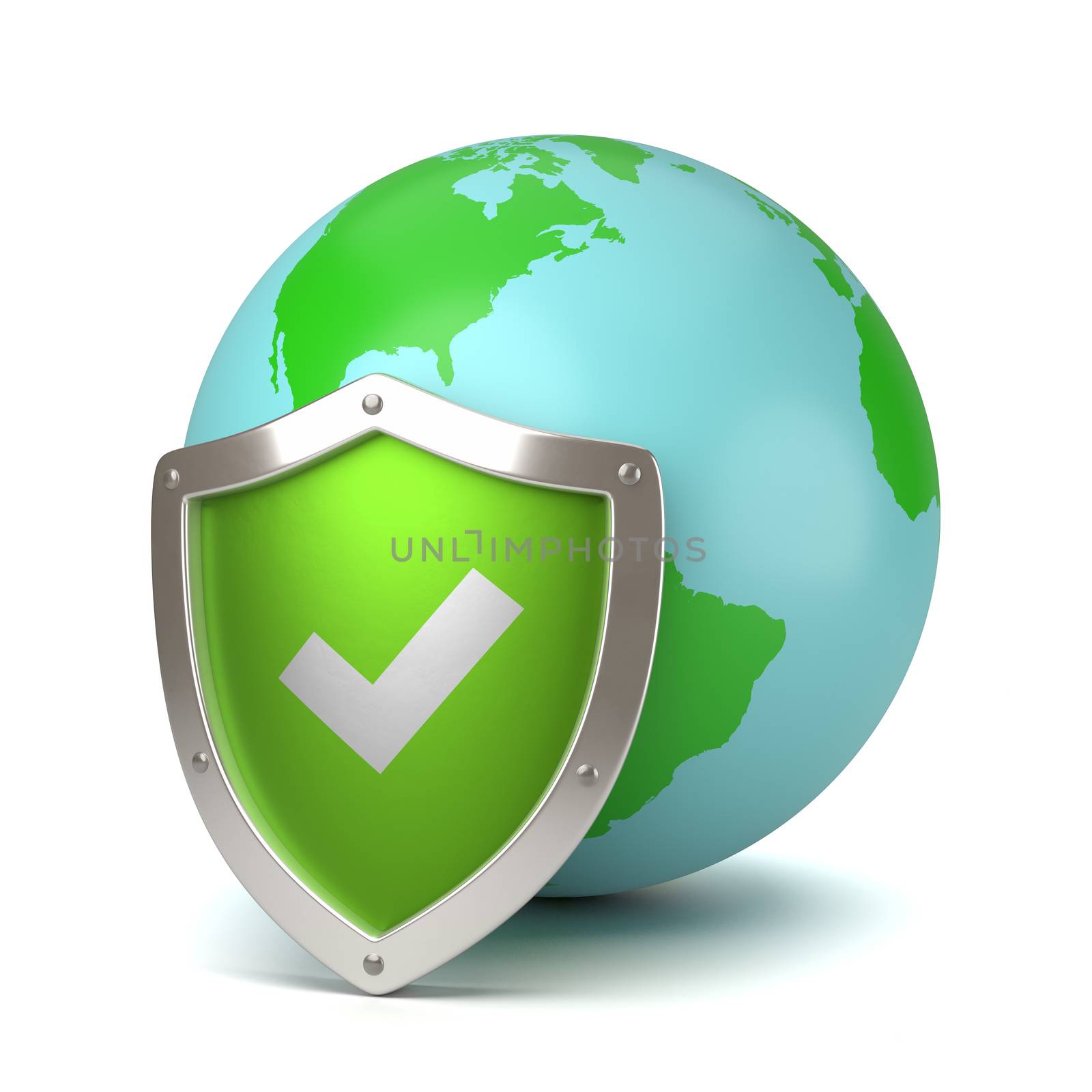 Earth Protected by a Green Metallic Shield with Tick Symbol on White Background 3D Illustration
