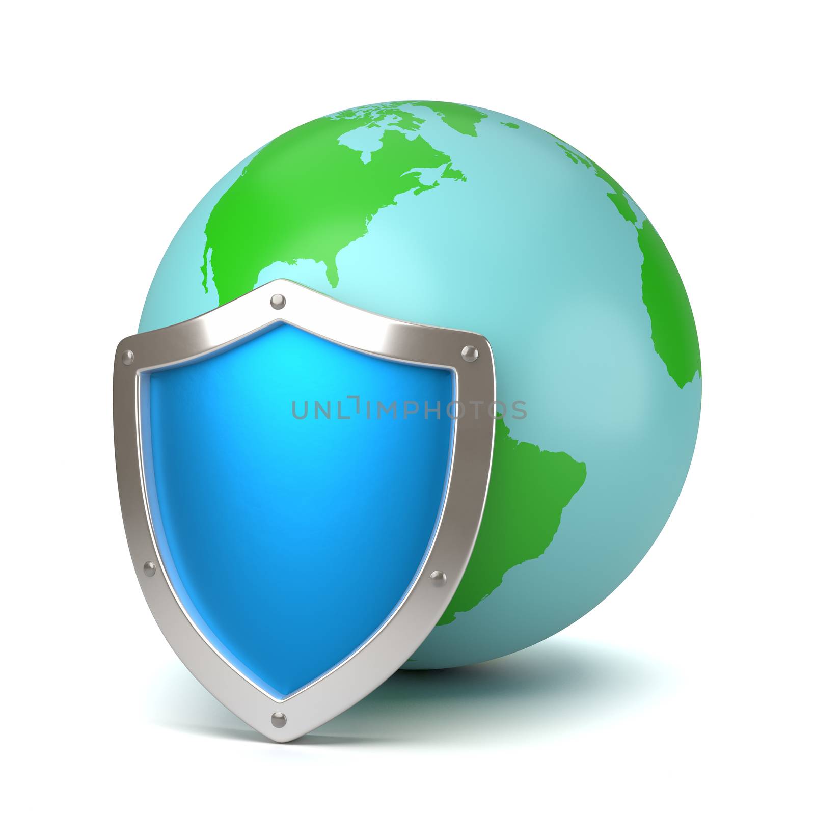 Earth Protected by a Blue Metallic Shield on White Background 3D Illustration