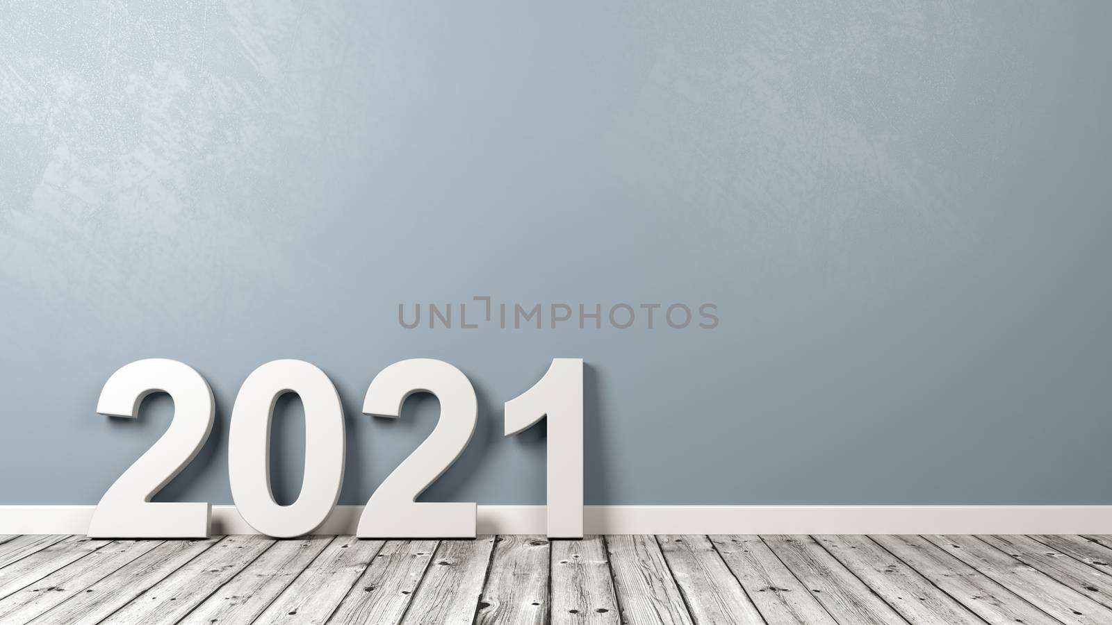 White 2021 Number Text Shape on Wooden Floor Against Grey Wall with Copyspace 3D Illustration