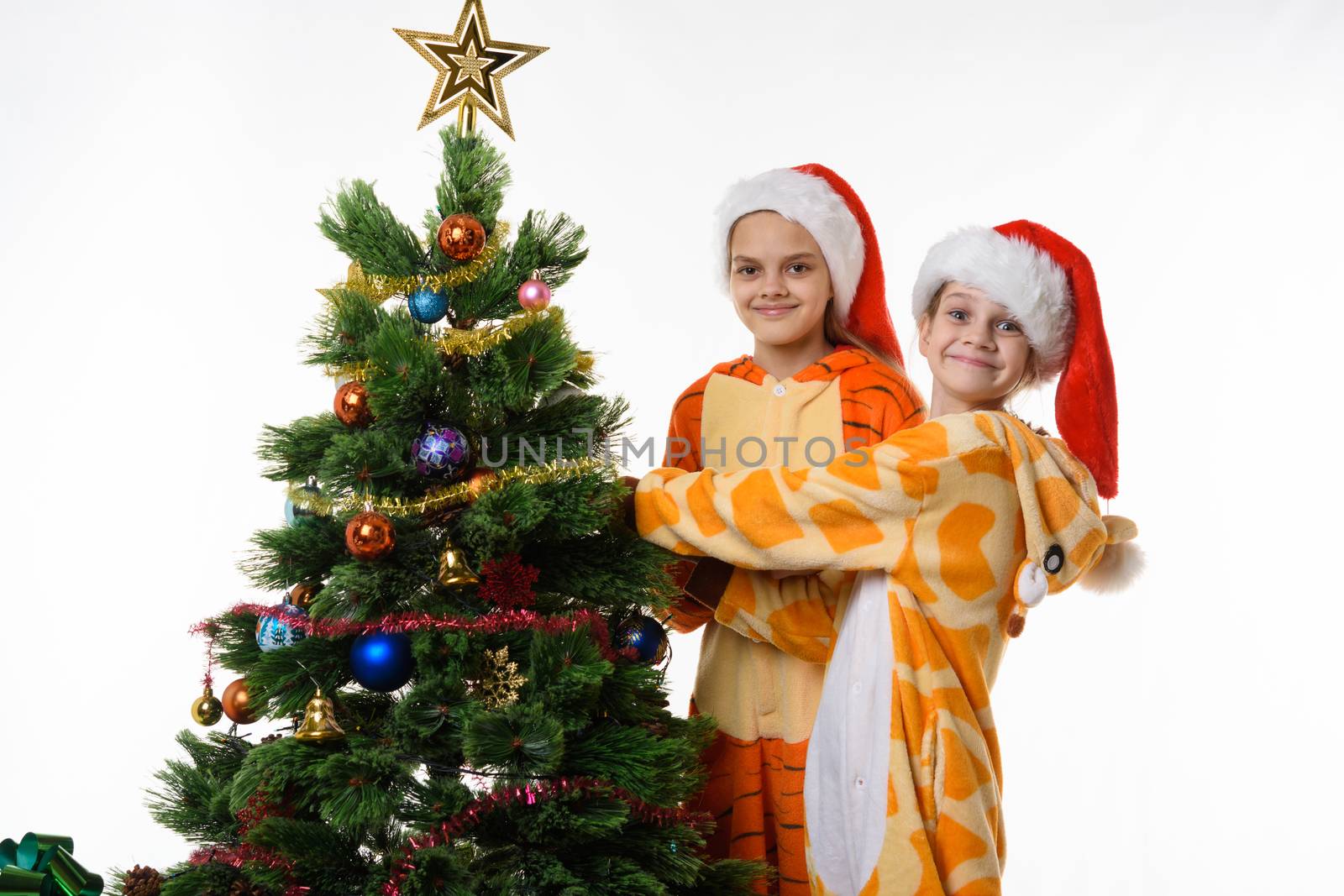 Two girls at the Christmas tree looked into the frame