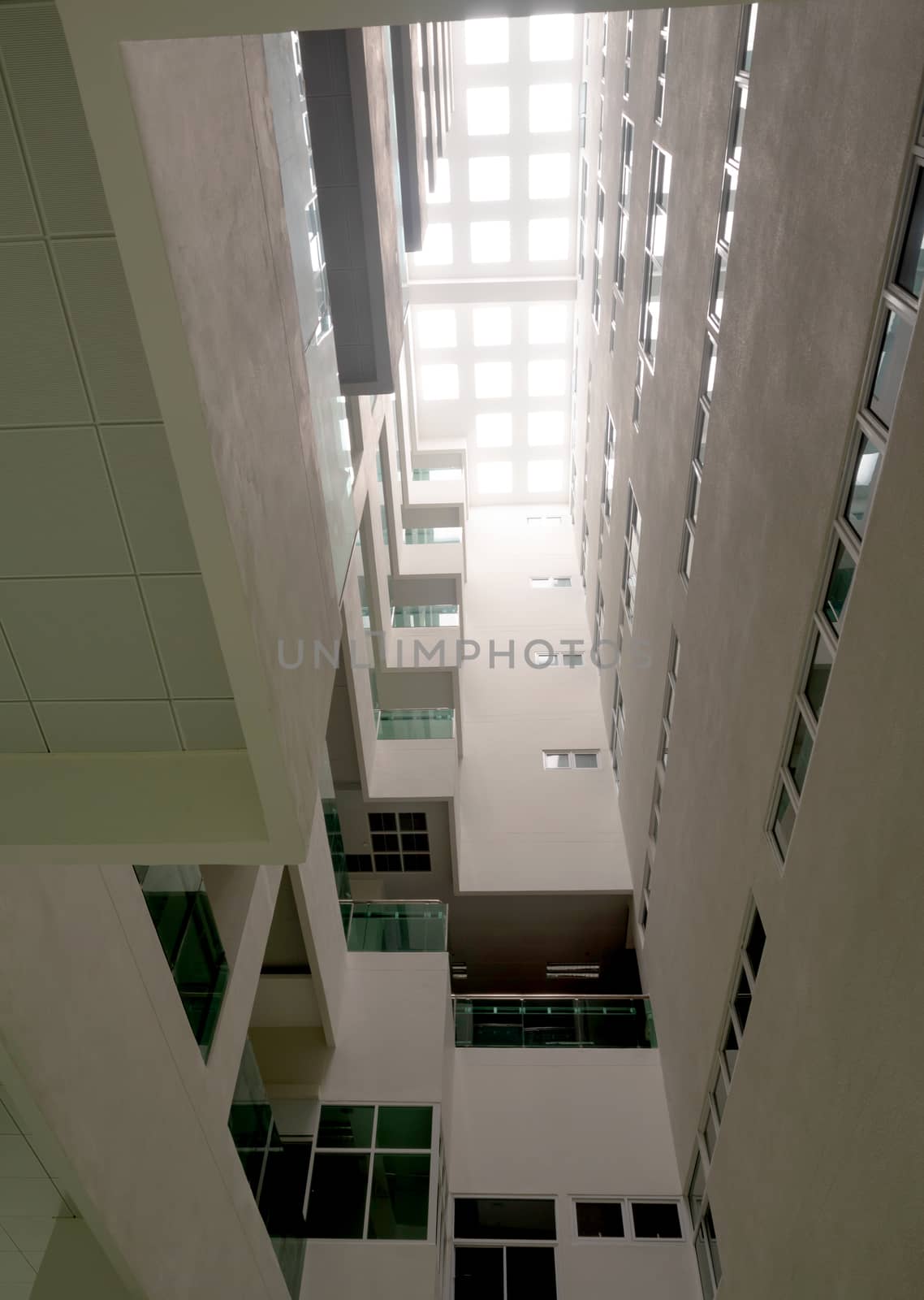 A Low vantage point in hall the high rise building, Looking up to the Daylight from the clerestory on the top of the building