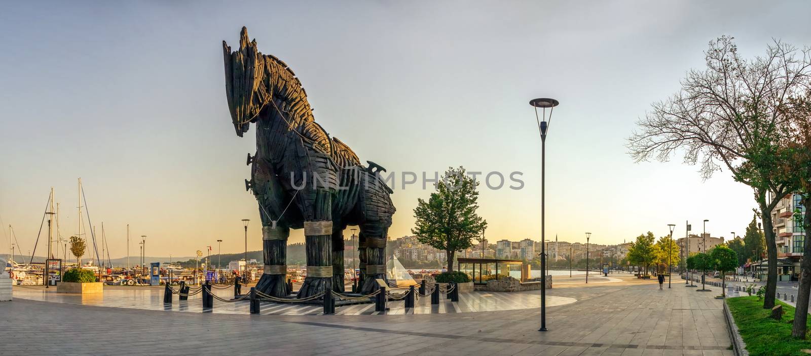 Canakkale, Turkey - 07.23.2019.  Statue of the Trojan horse in Canakkale, Turkey, on a summer morning