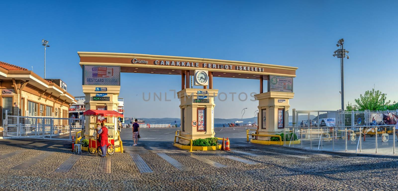 Canakkale, Turkey - 07.23.2019.  Canakkale ferry line across the Dardanelles in Turkey on  a sunny summer morning