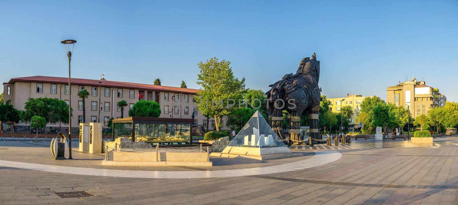 Canakkale, Turkey -07.23.2019.  Troy Antique City Open Air Museum on Canakkale Embankment in Turkey on a summer morning. Big size panoramic view