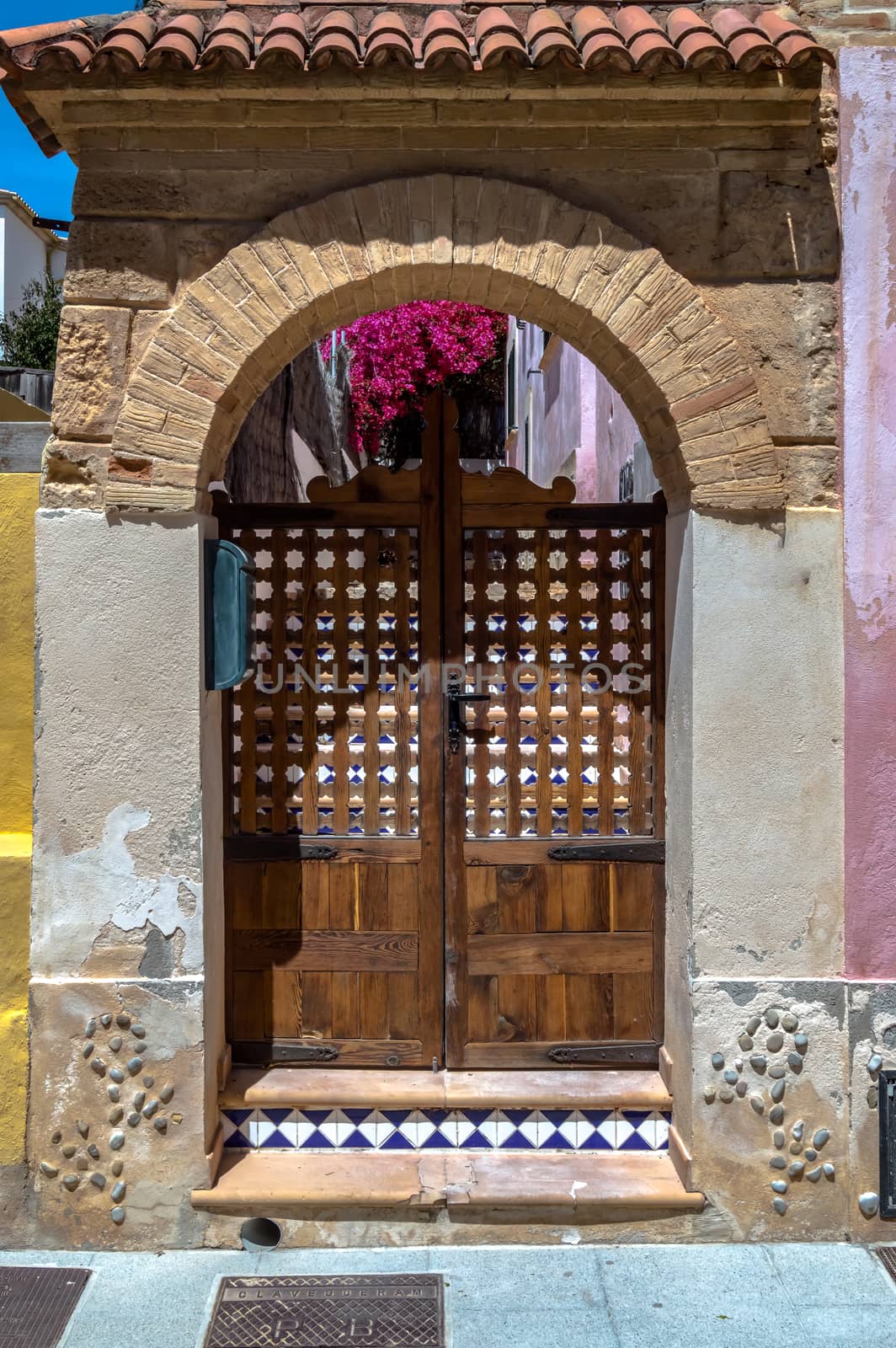 One beautiful entrance door or wooden outdoor in Palma de Mallorca, Spain.