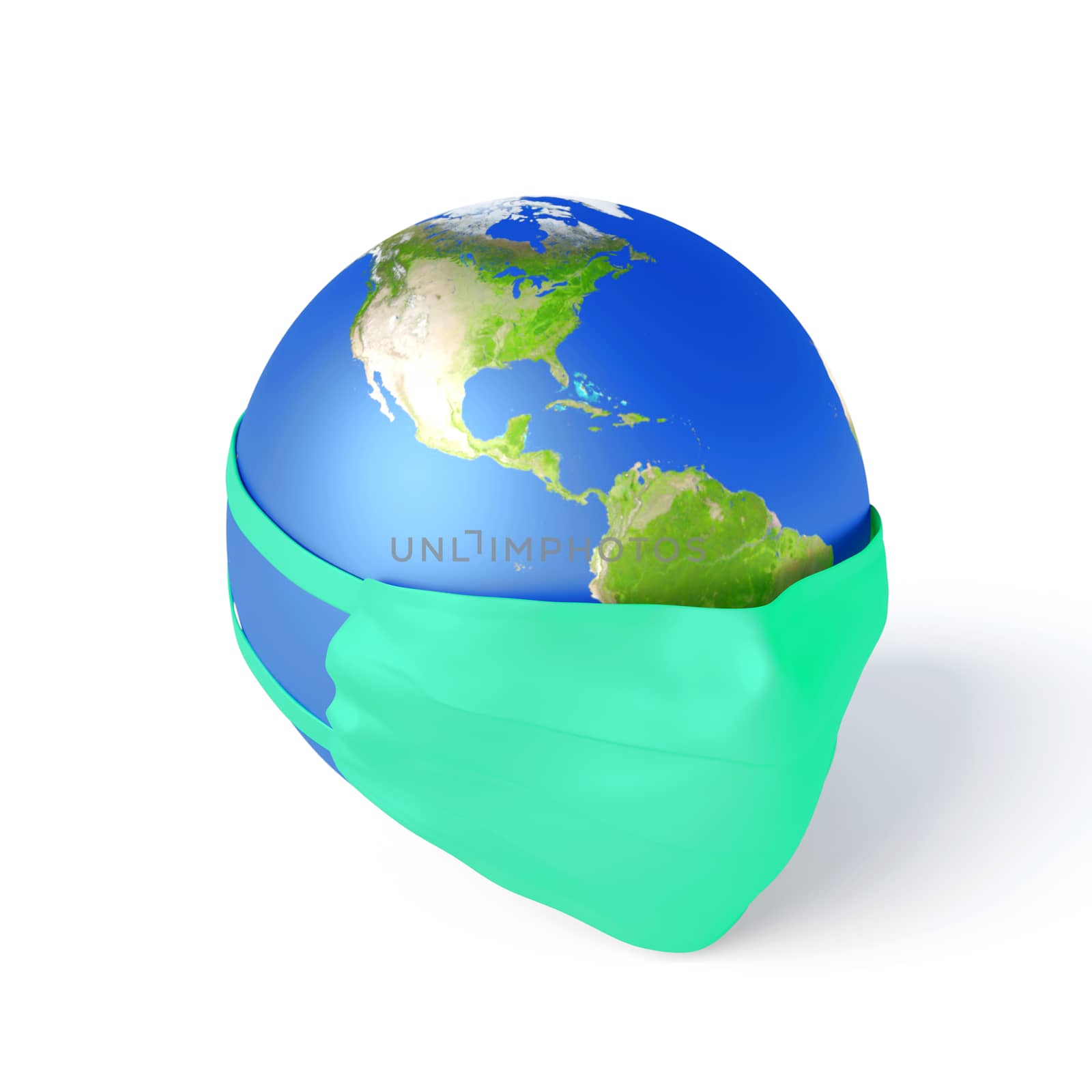 Earth globe put mask to fight against a virus. Concept of fight against virus. 3d illustration - white background.