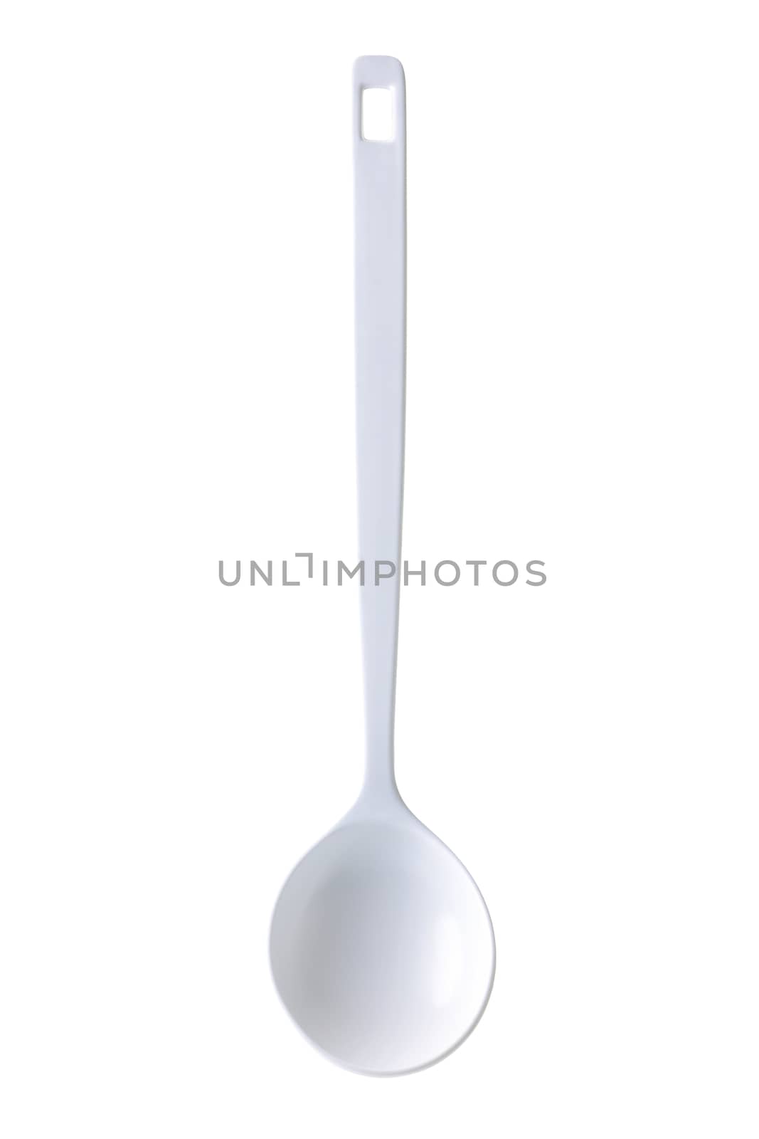 A front view of a white serving spoon ladle on white with clipping path