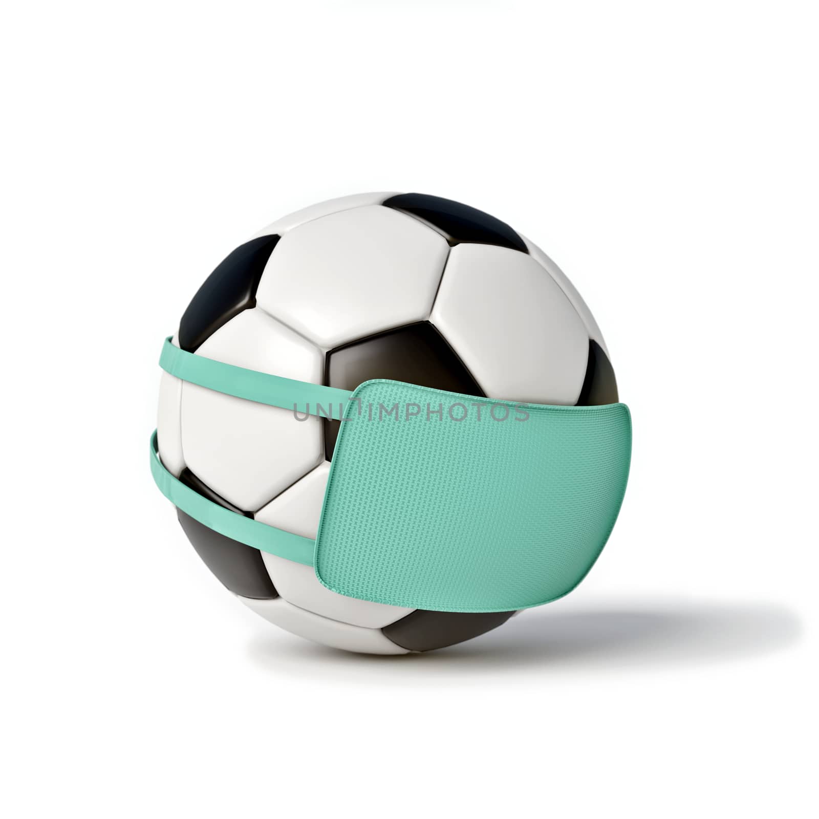 Soccer ball with surgery mask and post-it. Coronavirus effects and consequences on sports. 3d illustration