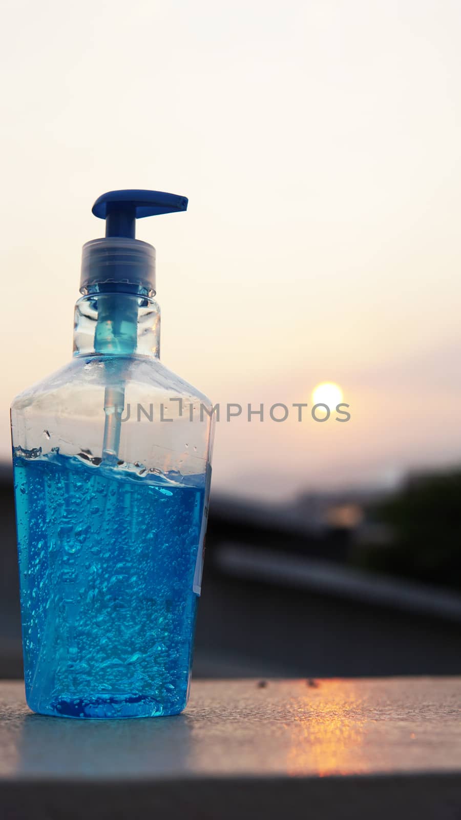 Dispenser bottles of alcohol based gel hand sanitizers to keep hands from germs and bacteria during the Covid-19 or Coronavirus pandemic.