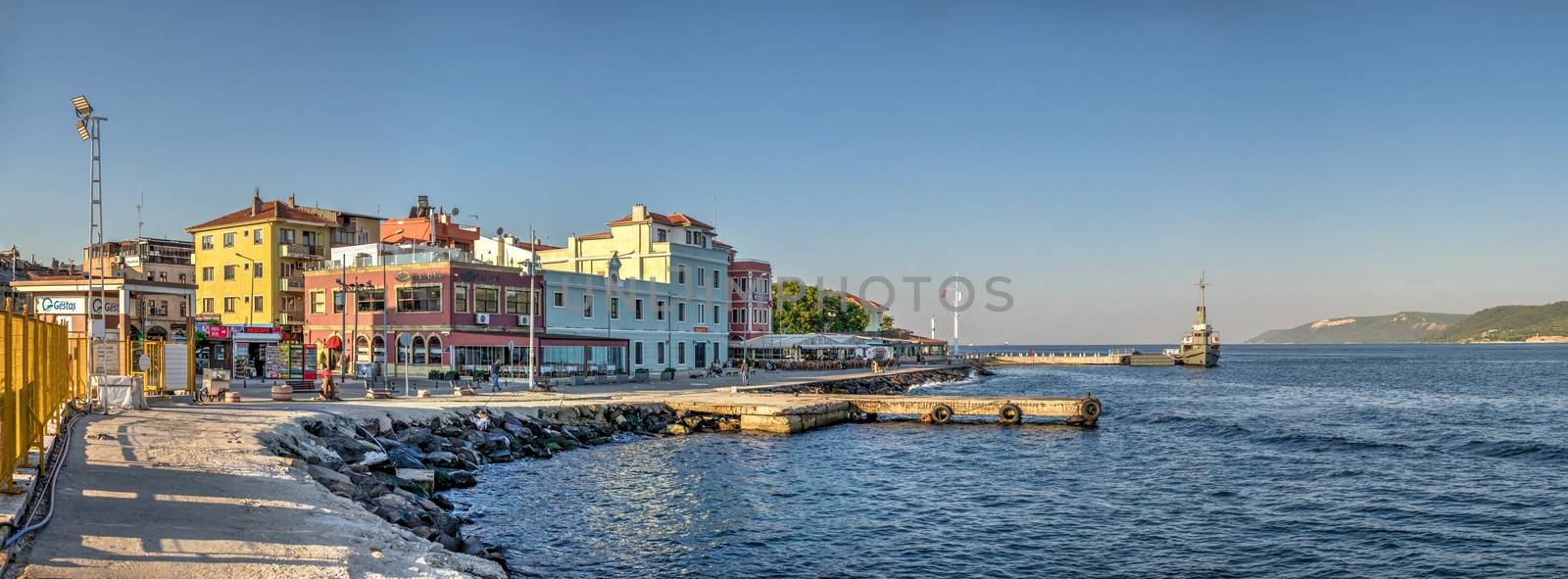 Canakkale, Turkey - 07.23.2019.  Embankment of the Canakkale city in Turkey on a sunny summer morning. Big size panoramic view.