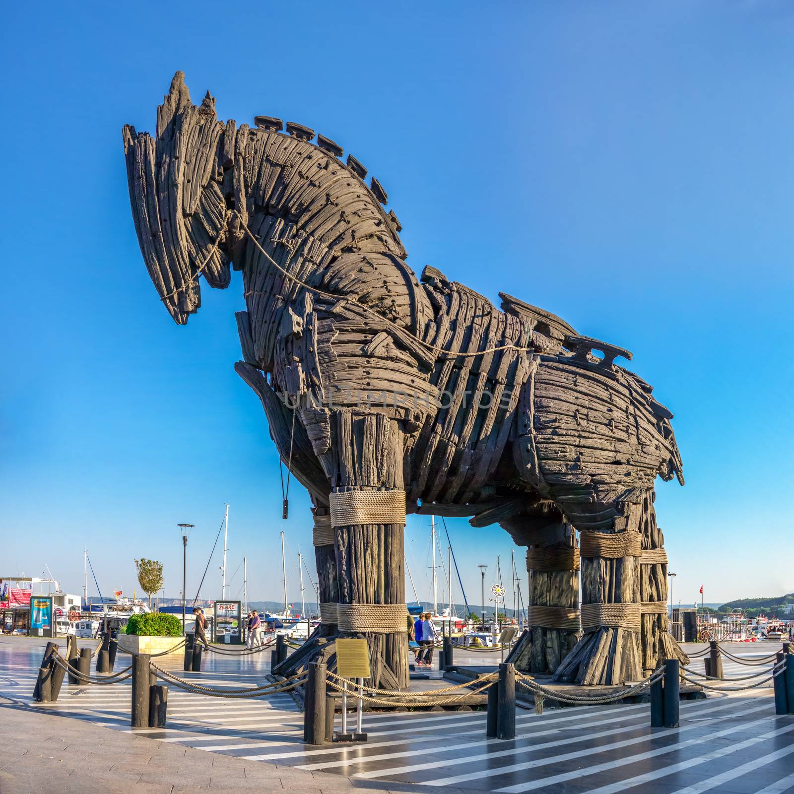 Canakkale, Turkey - 07.23.2019.  Statue of the Trojan horse in Canakkale, Turkey, on a summer morning