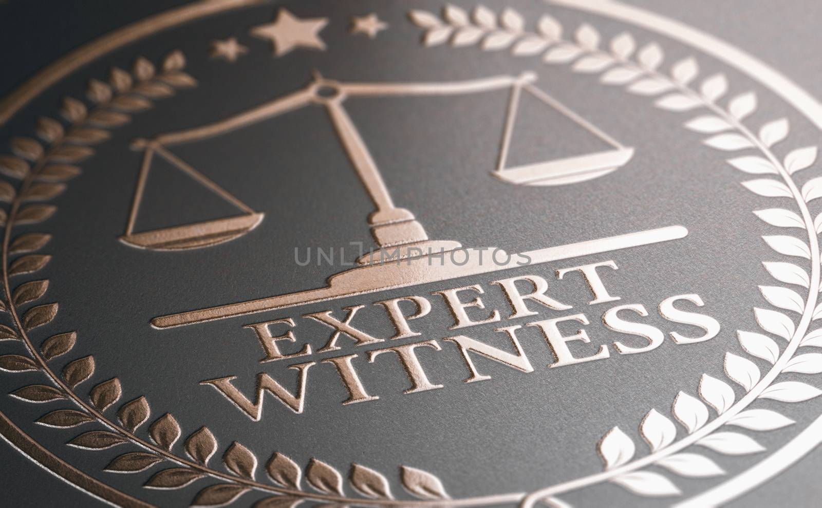 3D illustration of a golden stamp where it is written the text expert witness. Legal expertise.