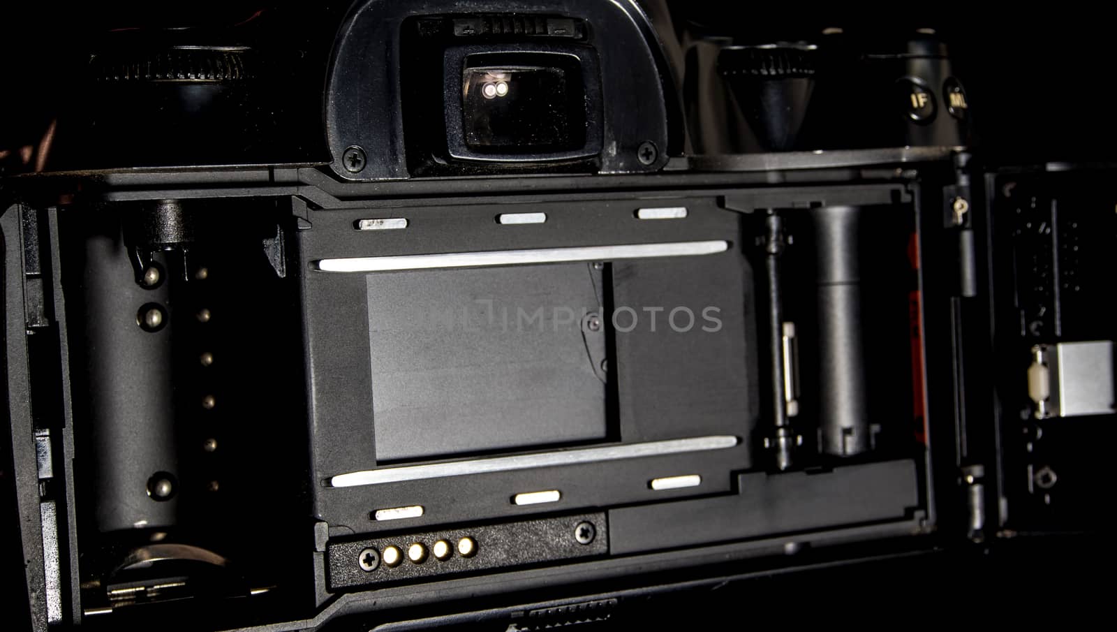 Back view of film system SLR camera body opened back lid to film position, Inside view of the shutter