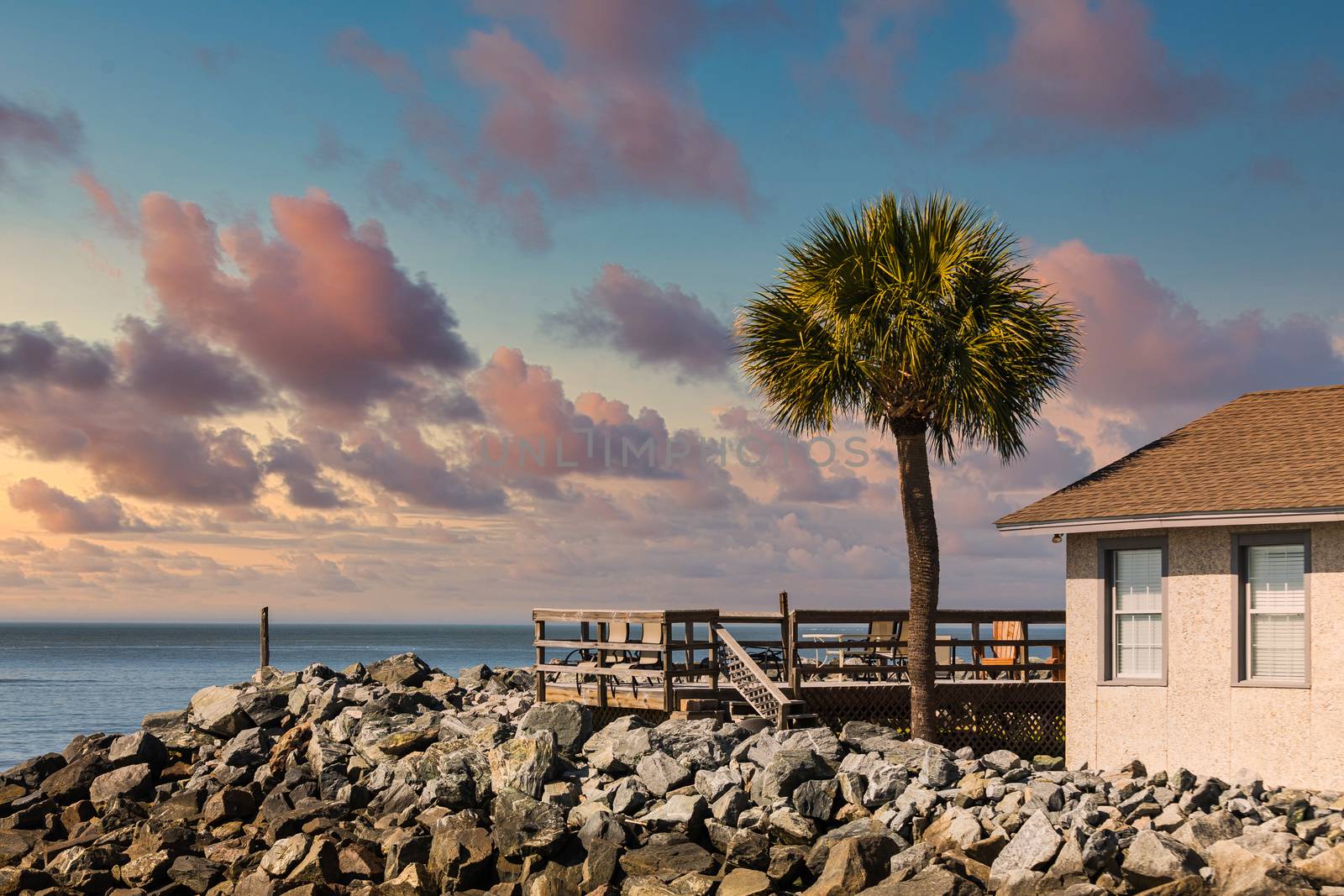 Deck on beach home with stone seawall and palm tree