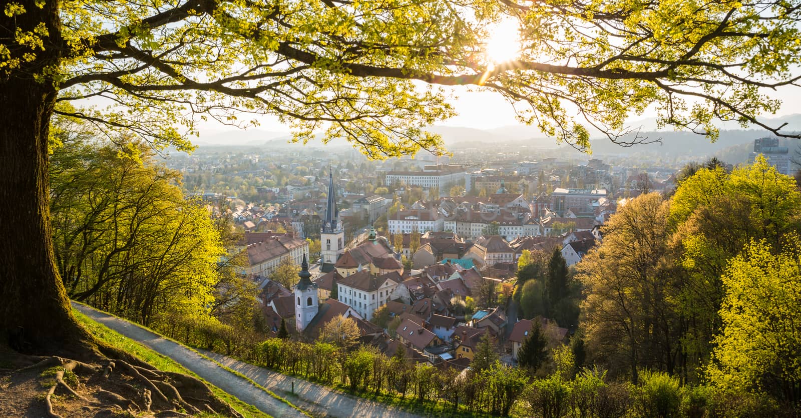 Panoramic view of Ljubljana, capital of Slovenia. Roooftops of Ljubljanas old medieval city center seen from Ljubljanas castle park at sunset.